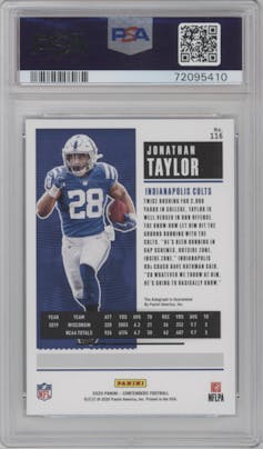 Jonathan Taylor from the 2020 Panini Contenders set featuring a Wild Card  parallel graded by PSA and given an overall grade of 10.