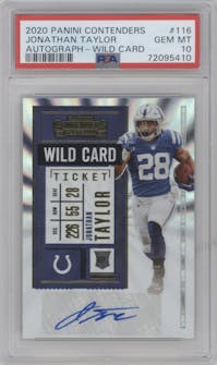 Jonathan Taylor from the 2020 Panini Contenders set featuring a Wild Card  parallel graded by PSA and given an overall grade of 10.