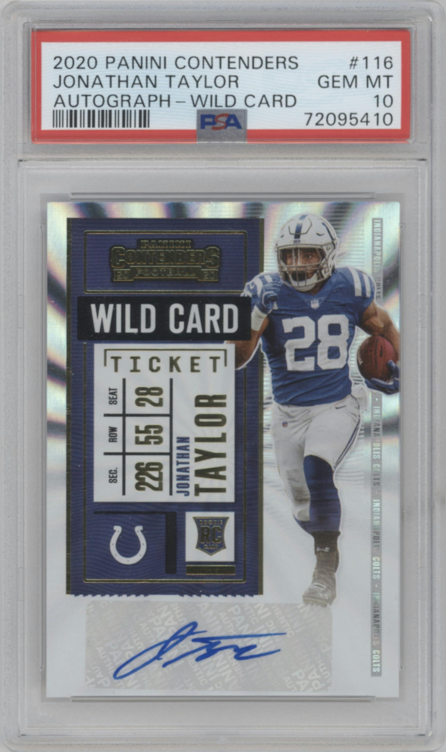 Jonathan Taylor from the 2020 Panini Contenders set featuring a Wild Card  parallel graded by PSA and given an overall grade of 10.