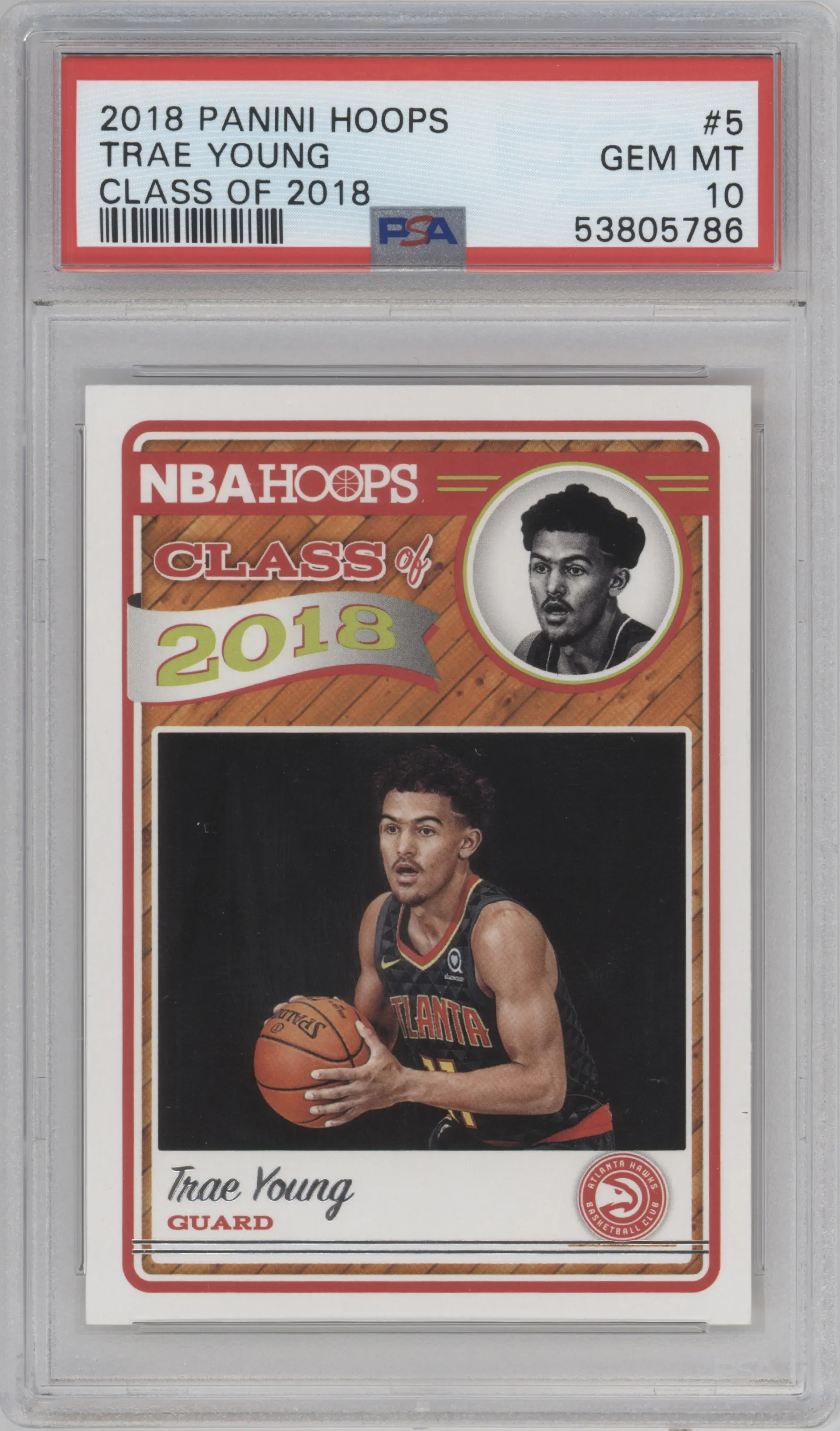 Trae Young from the 2018-19 Panini NBA Hoops  set graded by PSA and given an overall grade of 10.