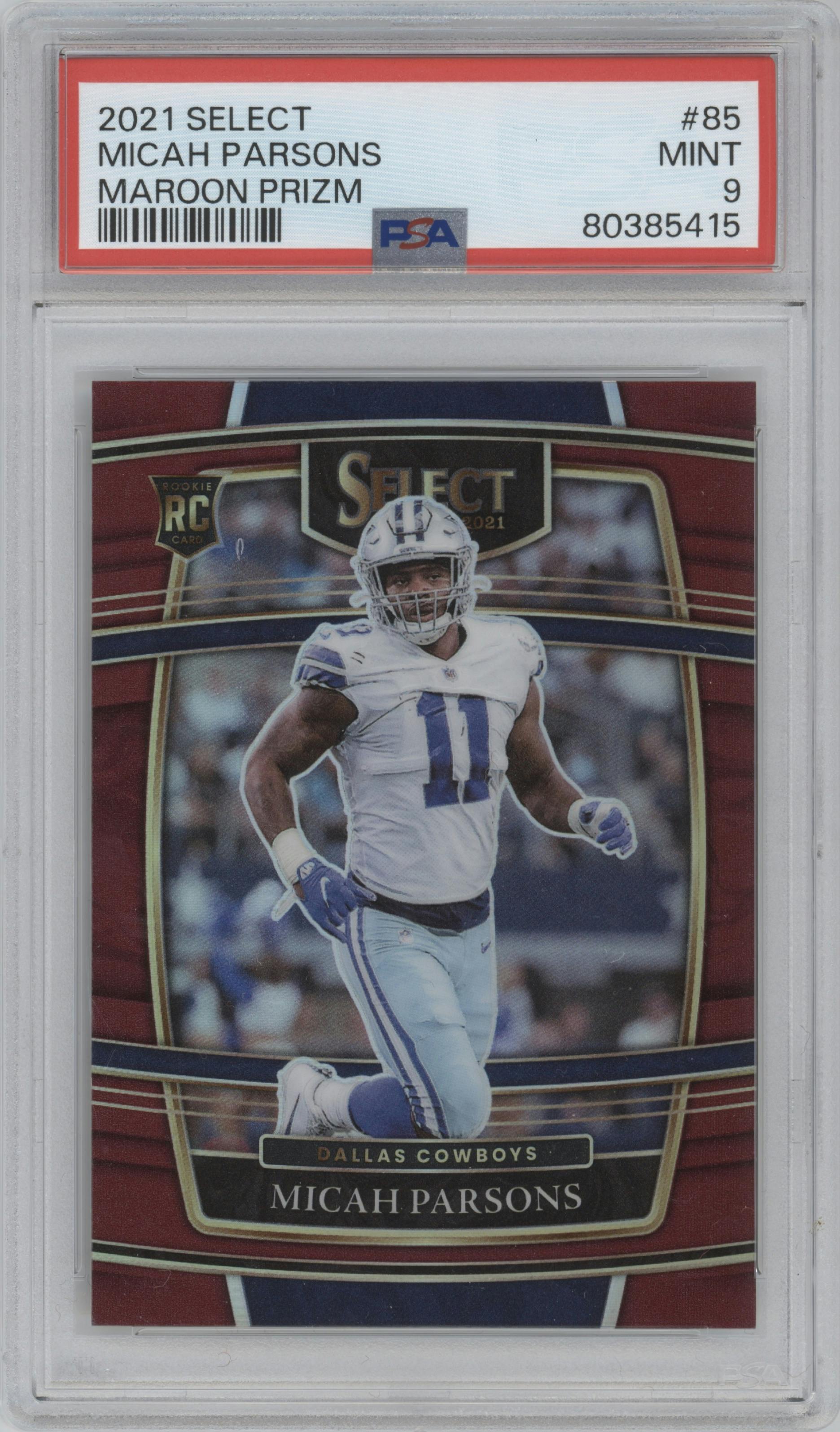 Micah Parsons from the 2021 Panini Select set featuring a Maroon Prizm parallel graded by PSA and given an overall grade of 9.