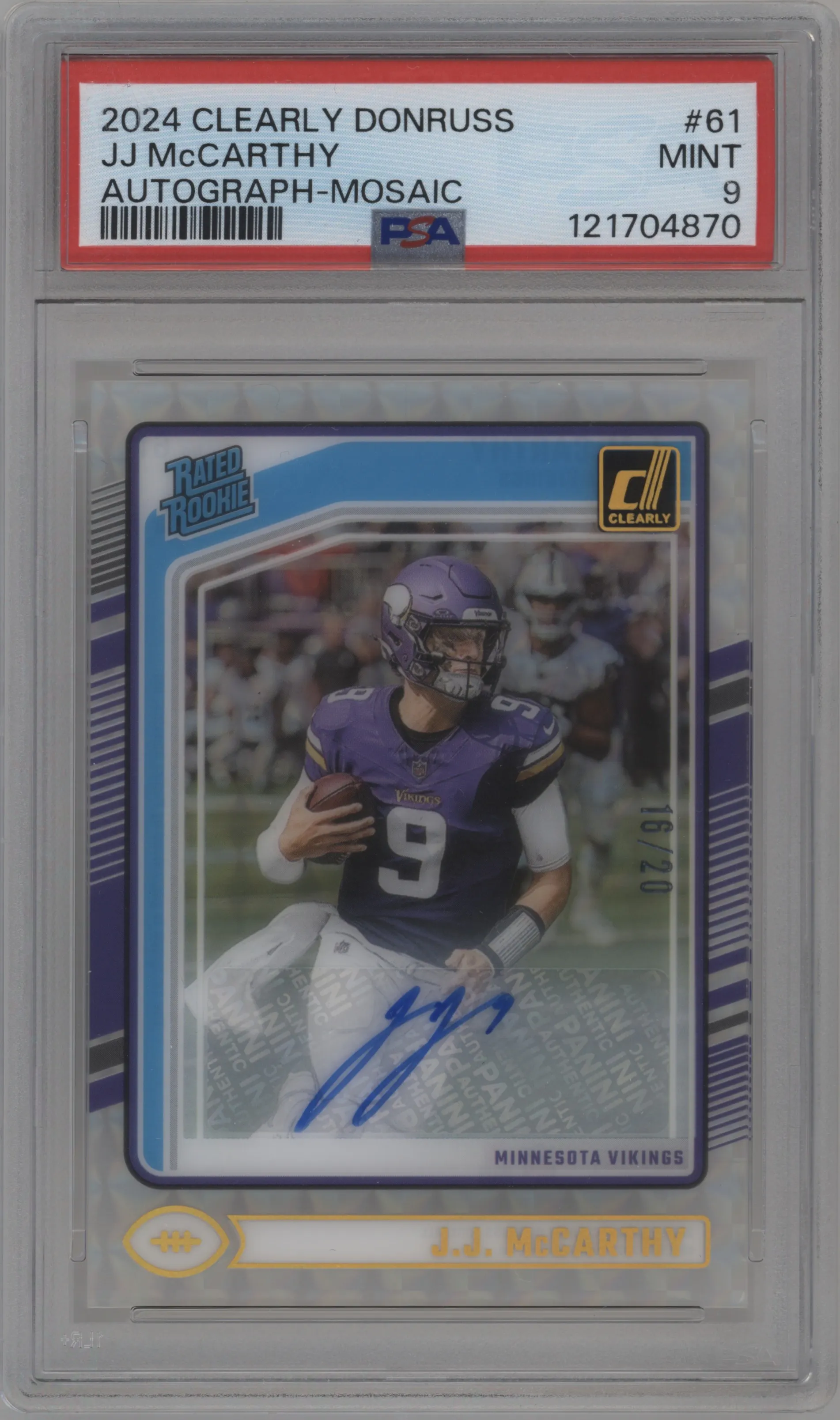 2024 Panini Clearly Donruss Clrly.Rtd.Rke.Auto J.J. McCarthy Mosaic #61 PSA 9
