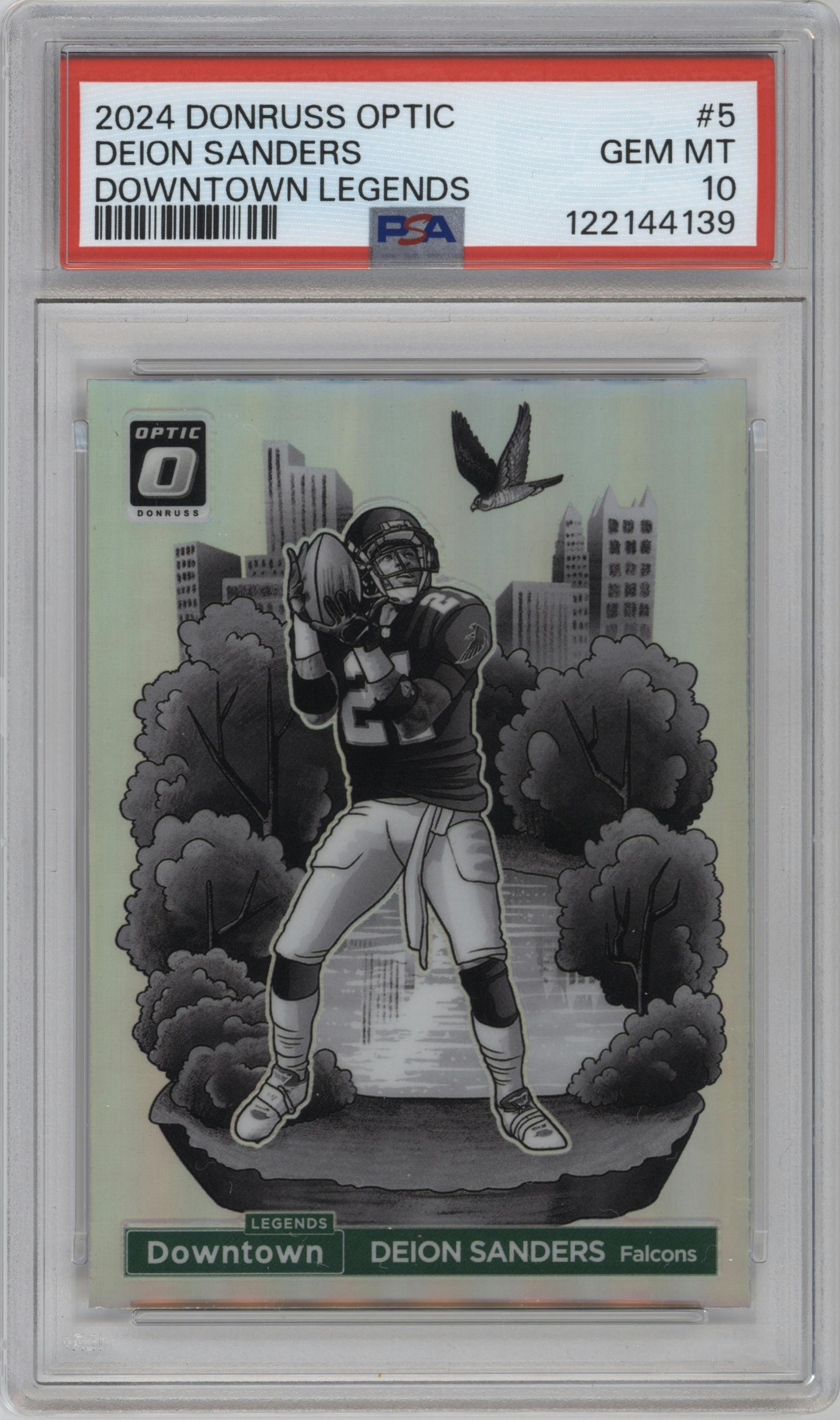 Deion Sanders from the 2024 Donruss Optic set graded by PSA and given an overall grade of 10.