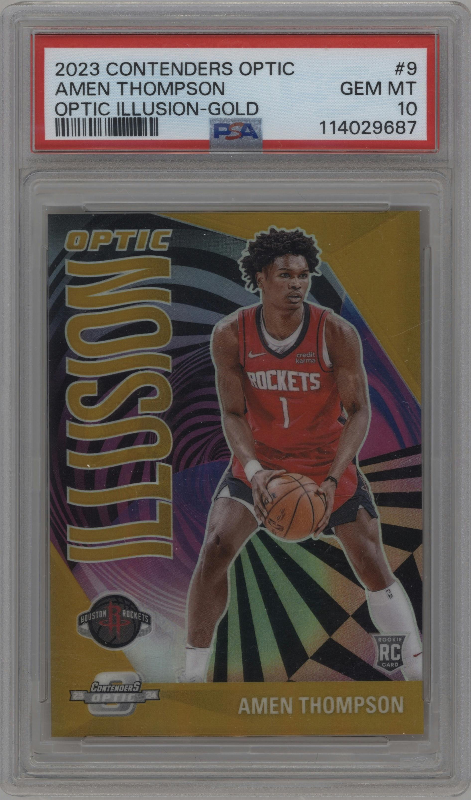 Amen Thompson from the 2023-24 Panini Contenders Optic set featuring a Gold  parallel graded by PSA and given an overall grade of 10.