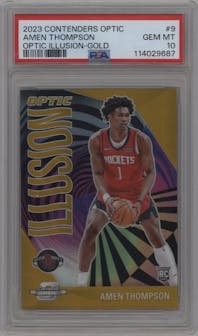 Amen Thompson from the 2023-24 Panini Contenders Optic set featuring a Gold parallel graded by PSA and given an overall grade of 10.