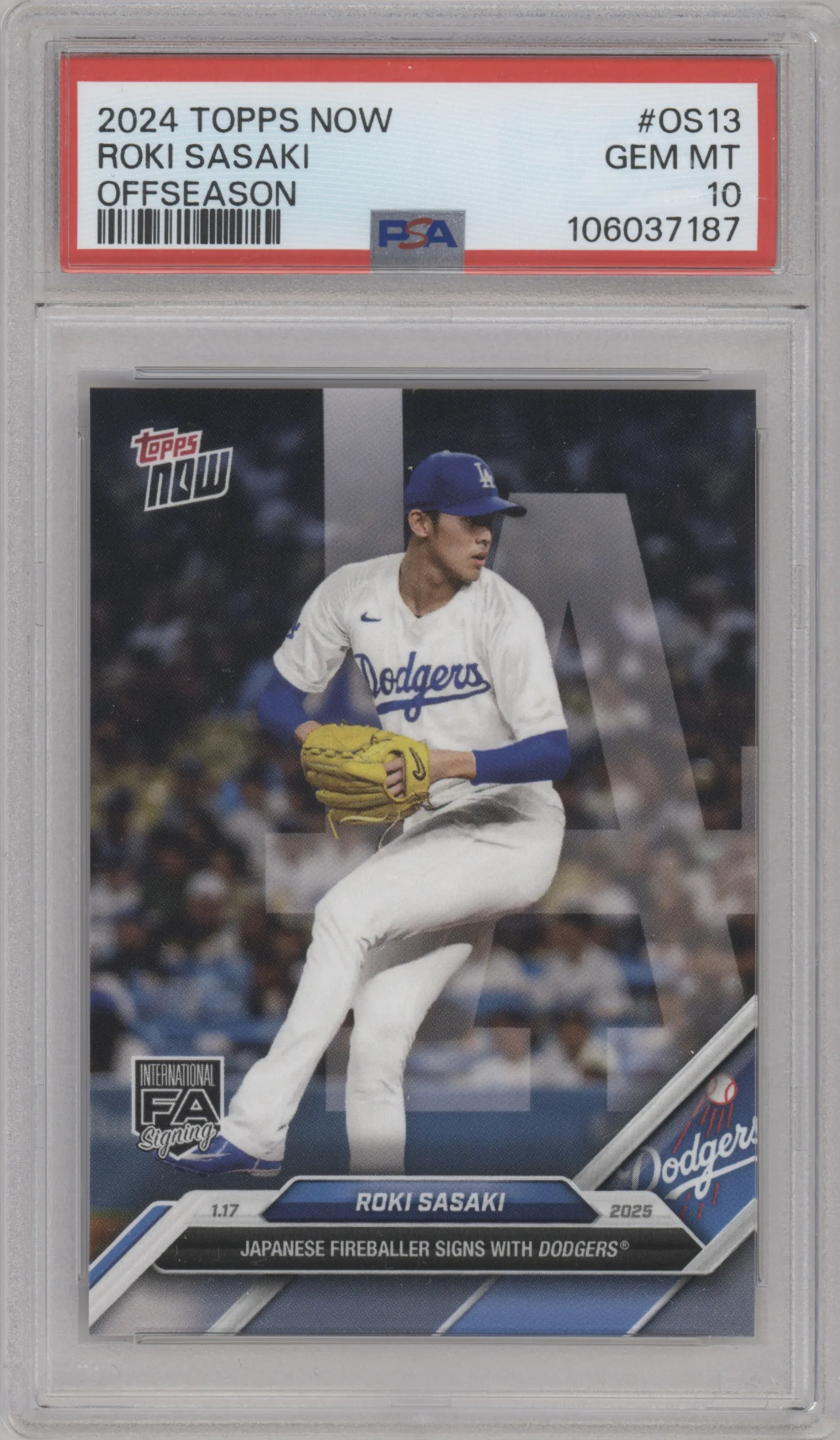 Roki Sasaki from the 2024-25 Topps Now Off-Season set graded by PSA and given an overall grade of 10.