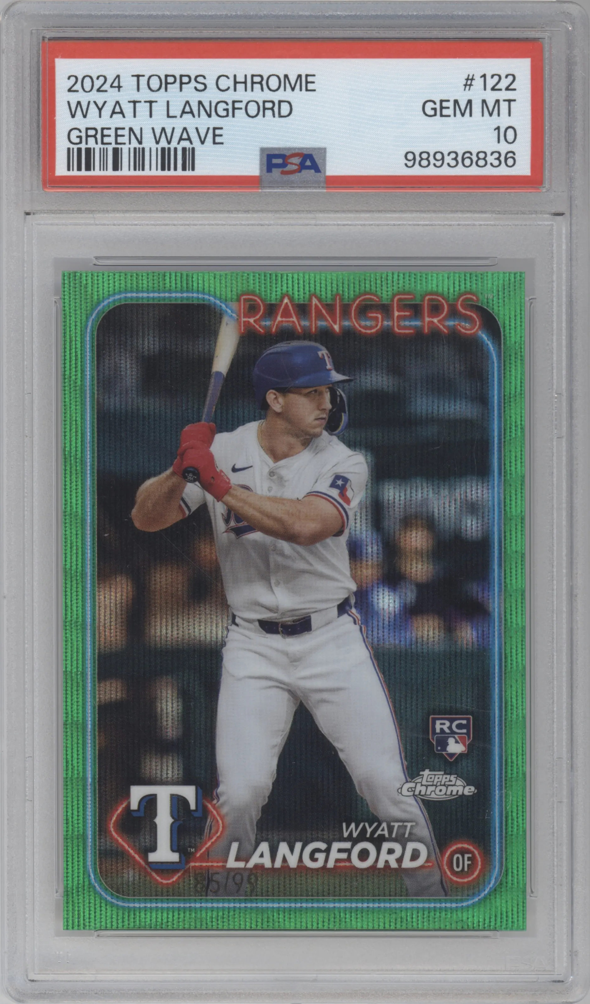 Wyatt Langford from the 2024 Topps Chrome set featuring a Green Wave Refractor parallel graded by PSA and given an overall grade of 10.