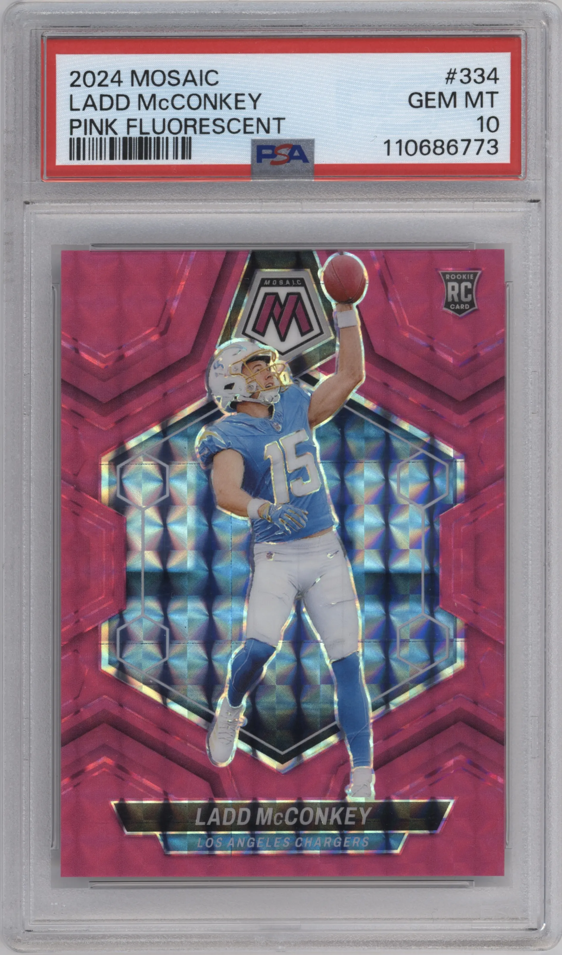 2024 Panini Mosaic Ladd McConkey Pink Fluorescent PSA 10