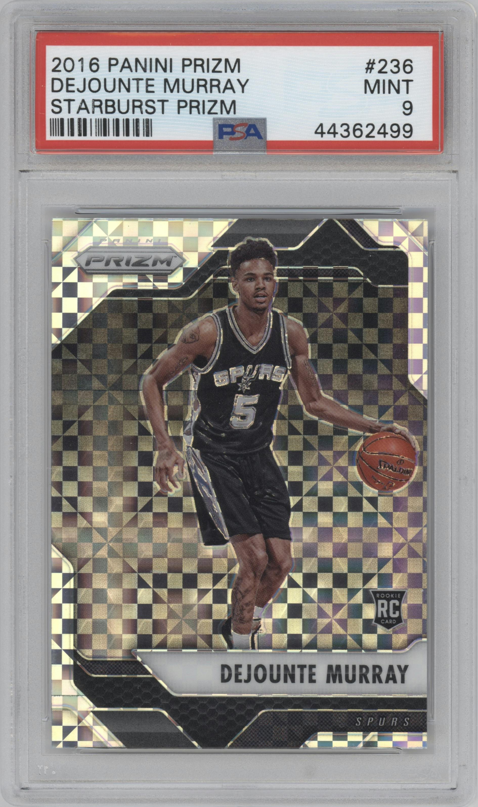 Dejounte Murray from the 2016-17 Panini Prizm  set featuring a Starburst parallel graded by PSA and given an overall grade of 9.