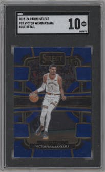 Victor Wembanyama from the 2023-24 Panini Select  set featuring a Blue Retail parallel graded by SGC and given an overall grade of 10.