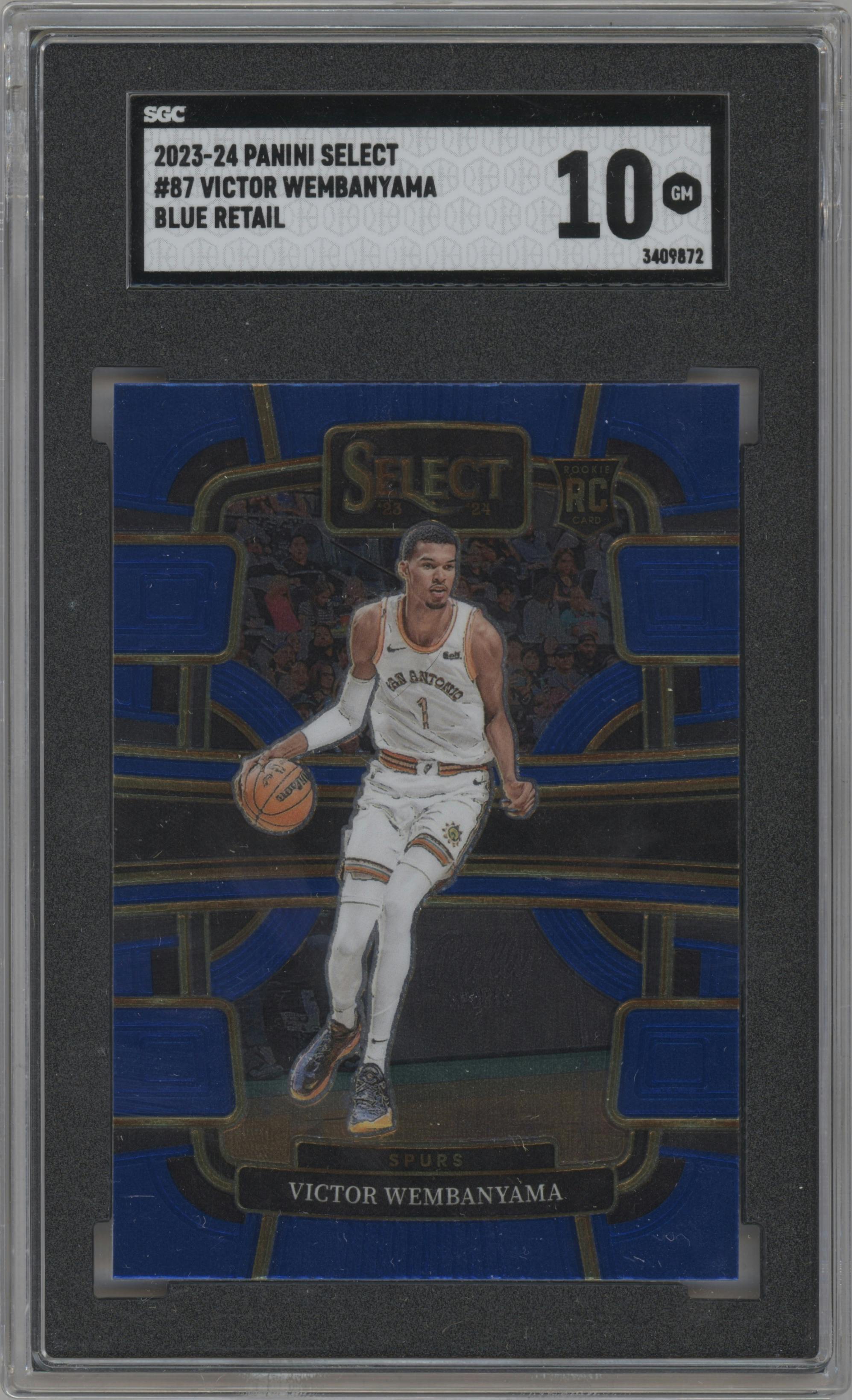 Victor Wembanyama from the 2023-24 Panini Select  set featuring a Blue Retail parallel graded by SGC and given an overall grade of 10.