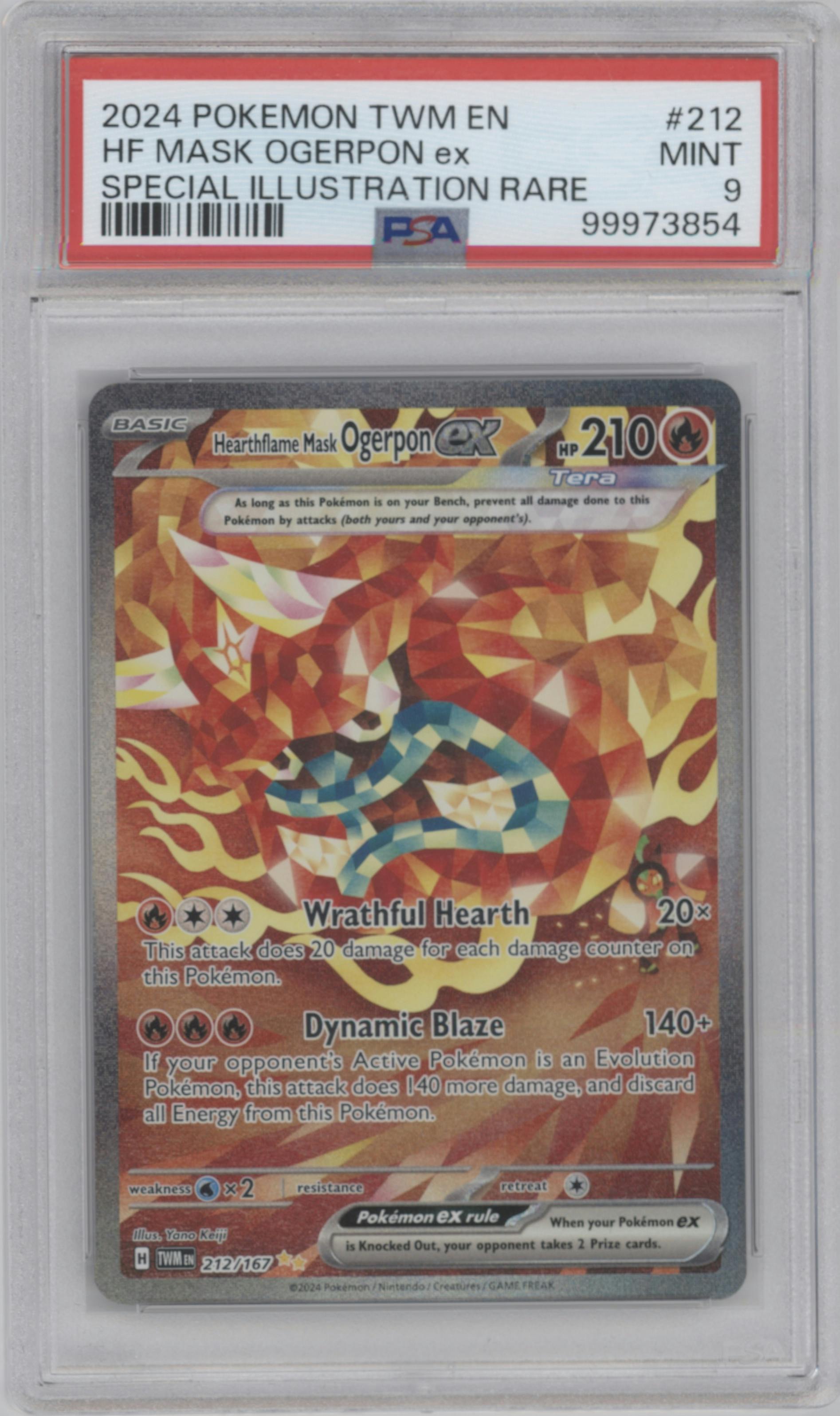 Hearthflame Mask Ogerpon ex from the 2024 Pokemon SV set graded by PSA and given an overall grade of 9.