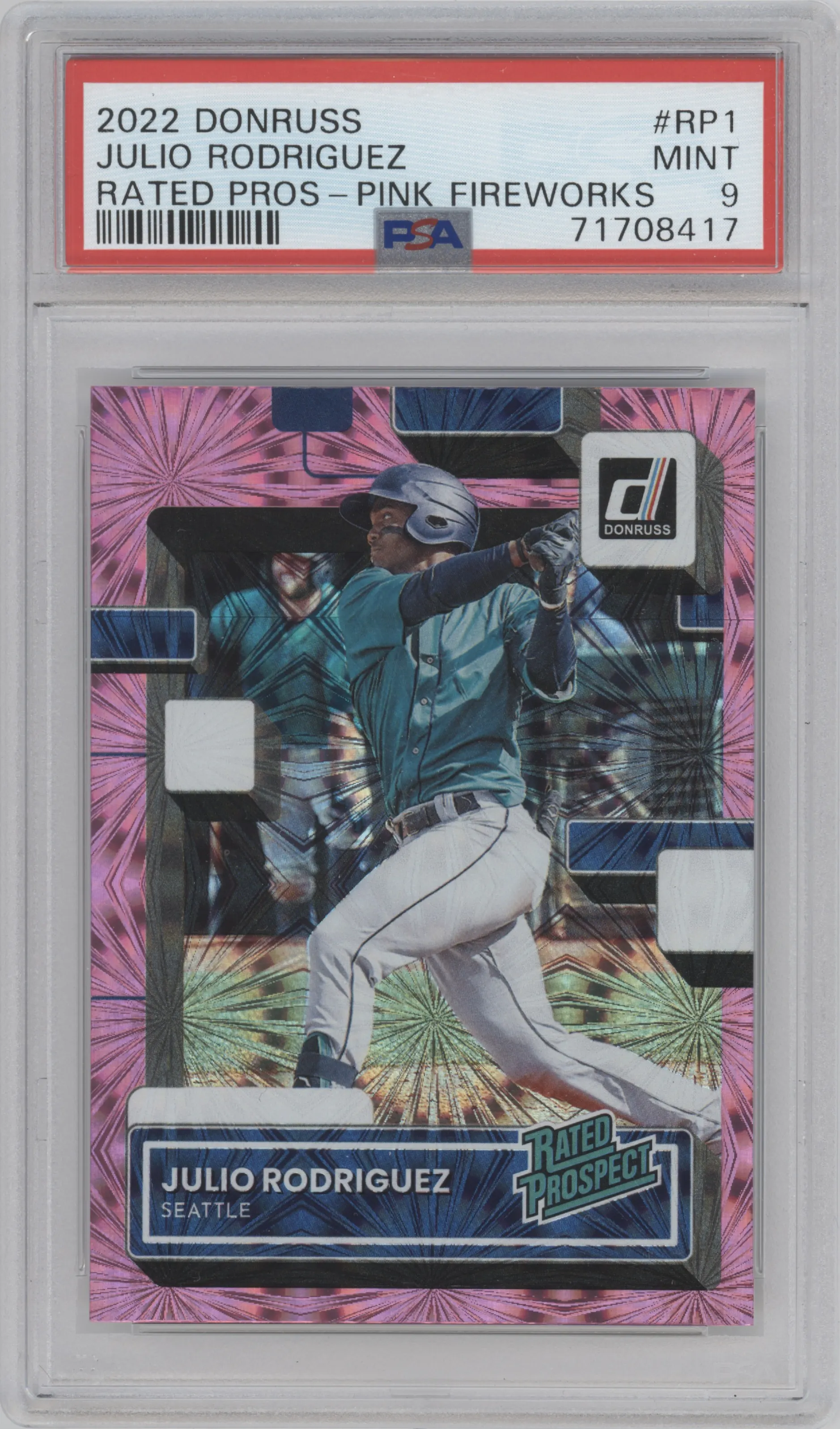 Julio Rodriguez from the 2022 Panini Donruss set featuring a Pink Fireworks parallel graded by PSA and given an overall grade of 9.