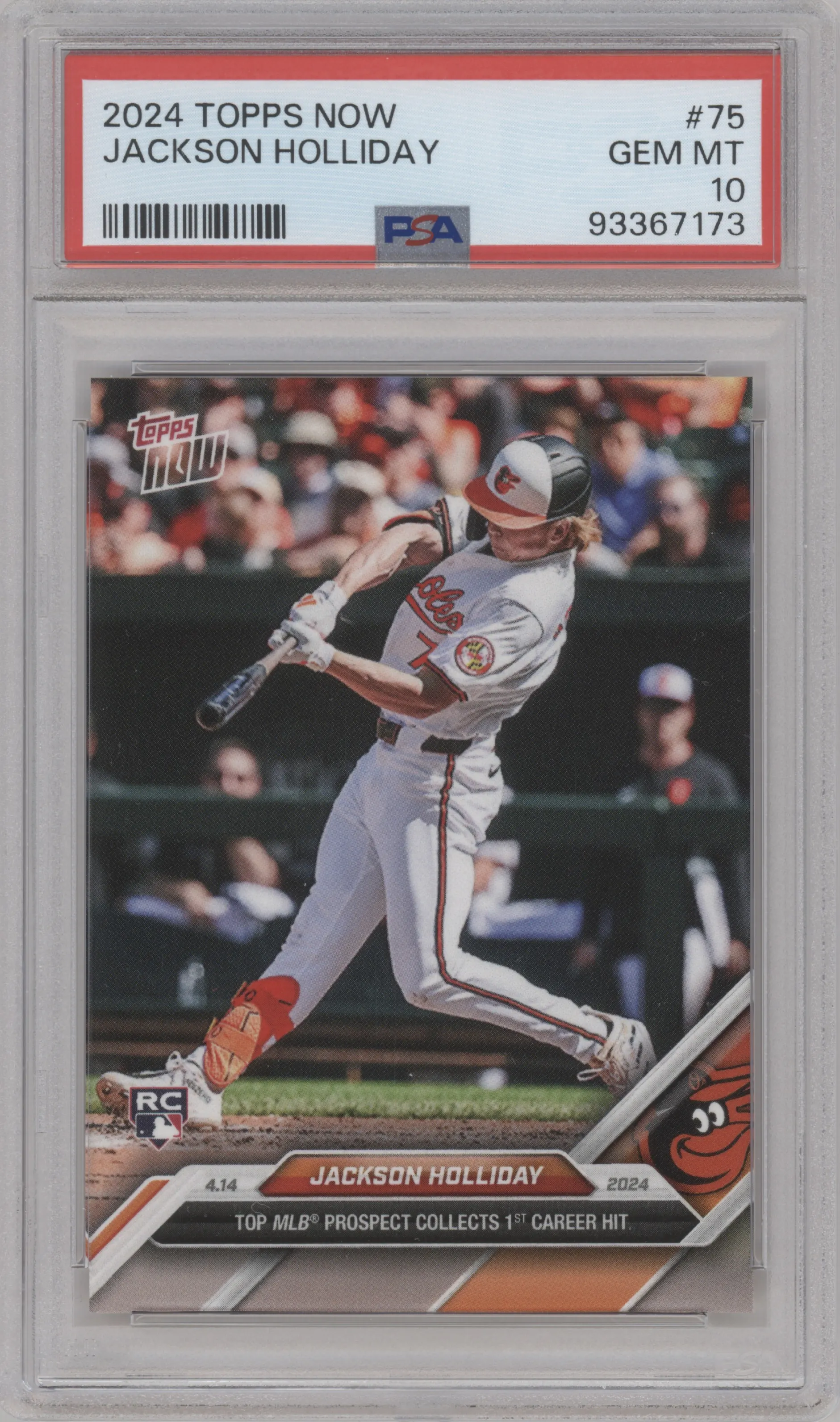 Jackson Holliday from the 2024 Topps Now set graded by PSA and given an overall grade of 10.