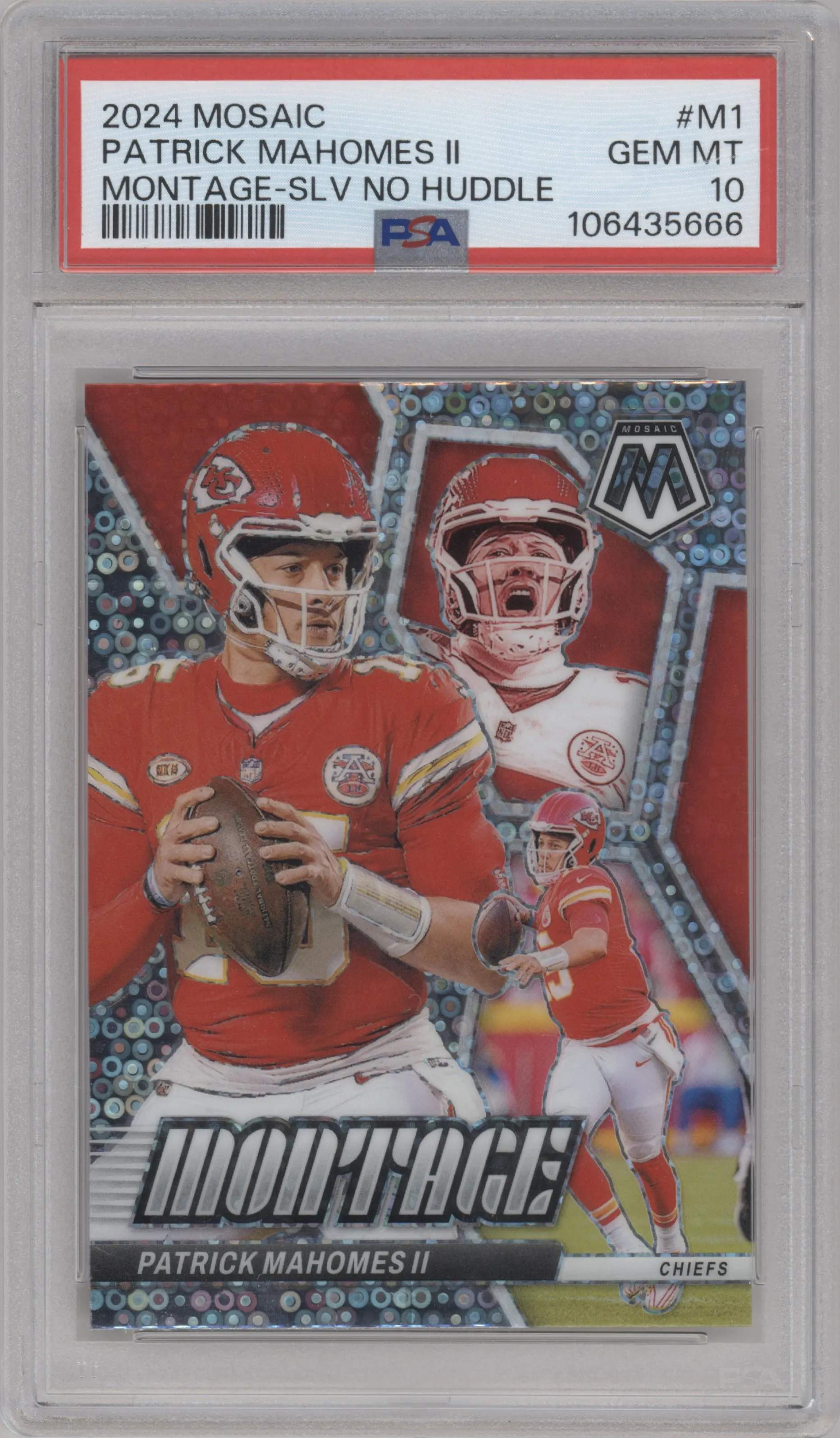 Patrick Mahomes II from the 2024 Panini Mosaic set featuring a No Huddle Silver parallel graded by PSA and given an overall grade of 10.
