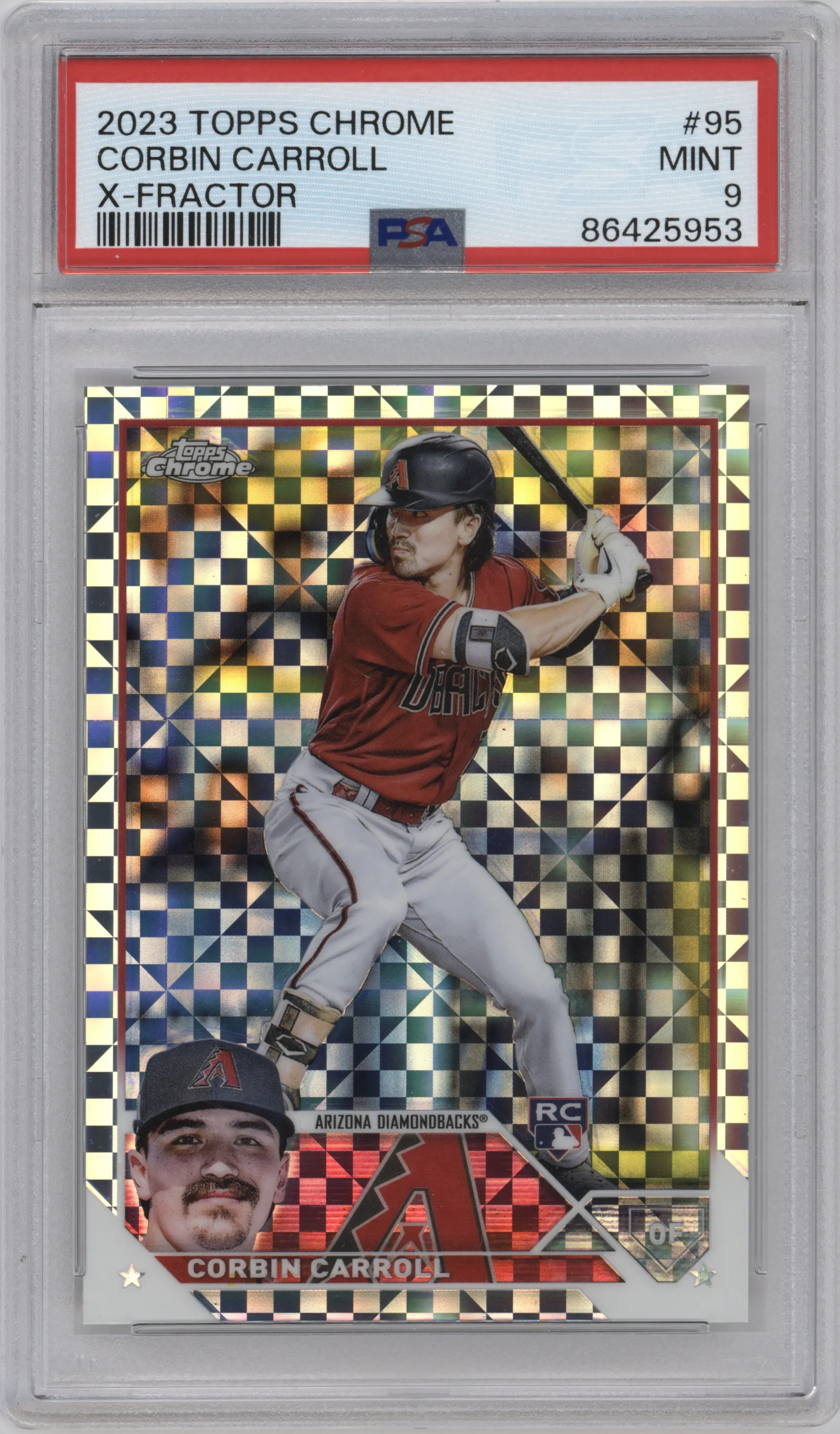 Corbin Carroll from the 2023 Topps Chrome set featuring a X-Fractor parallel graded by PSA and given an overall grade of 9.