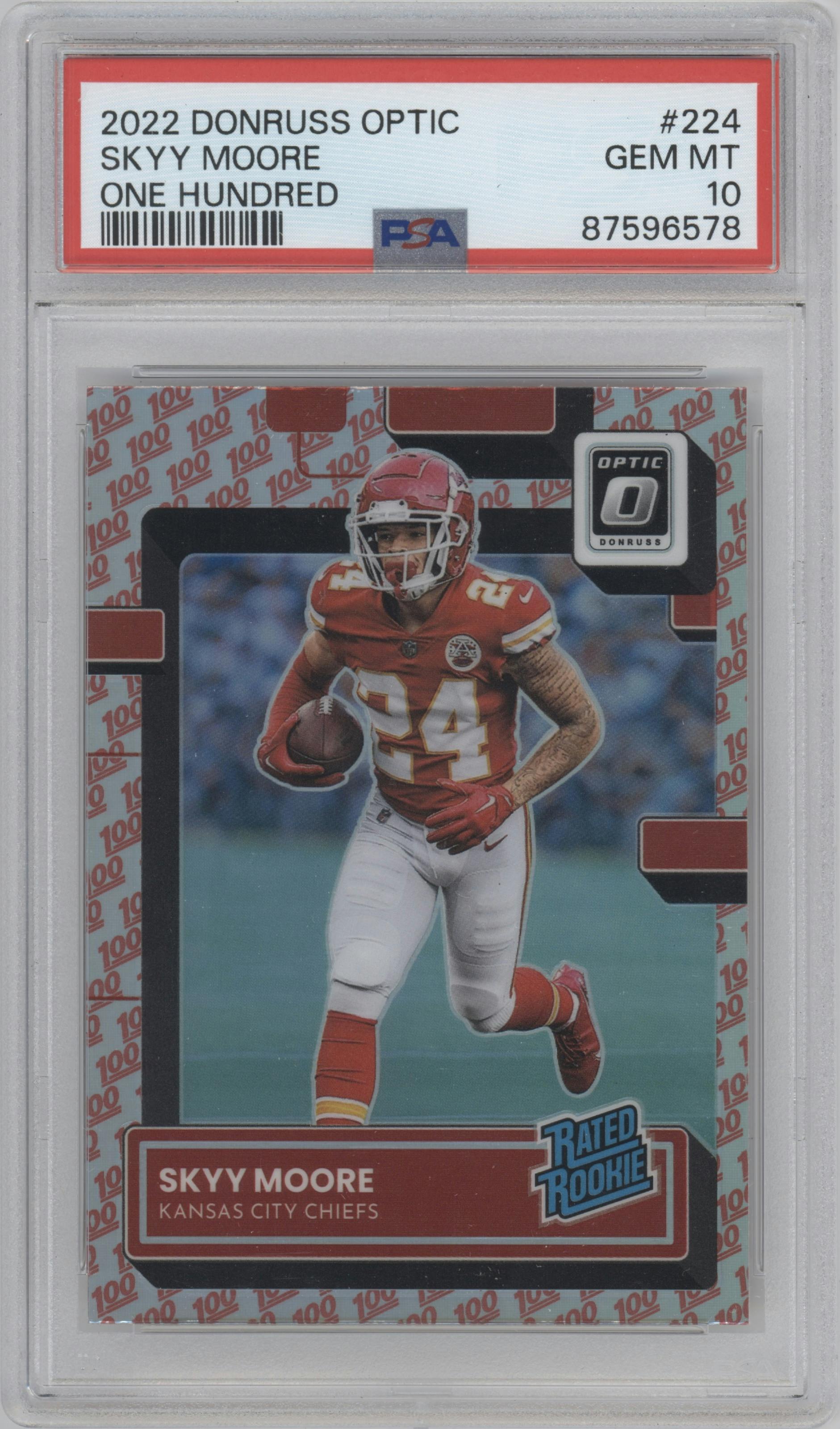 Skyy Moore from the 2022 Panini Donruss Optic set featuring a One Hundred parallel graded by PSA and given an overall grade of 10.
