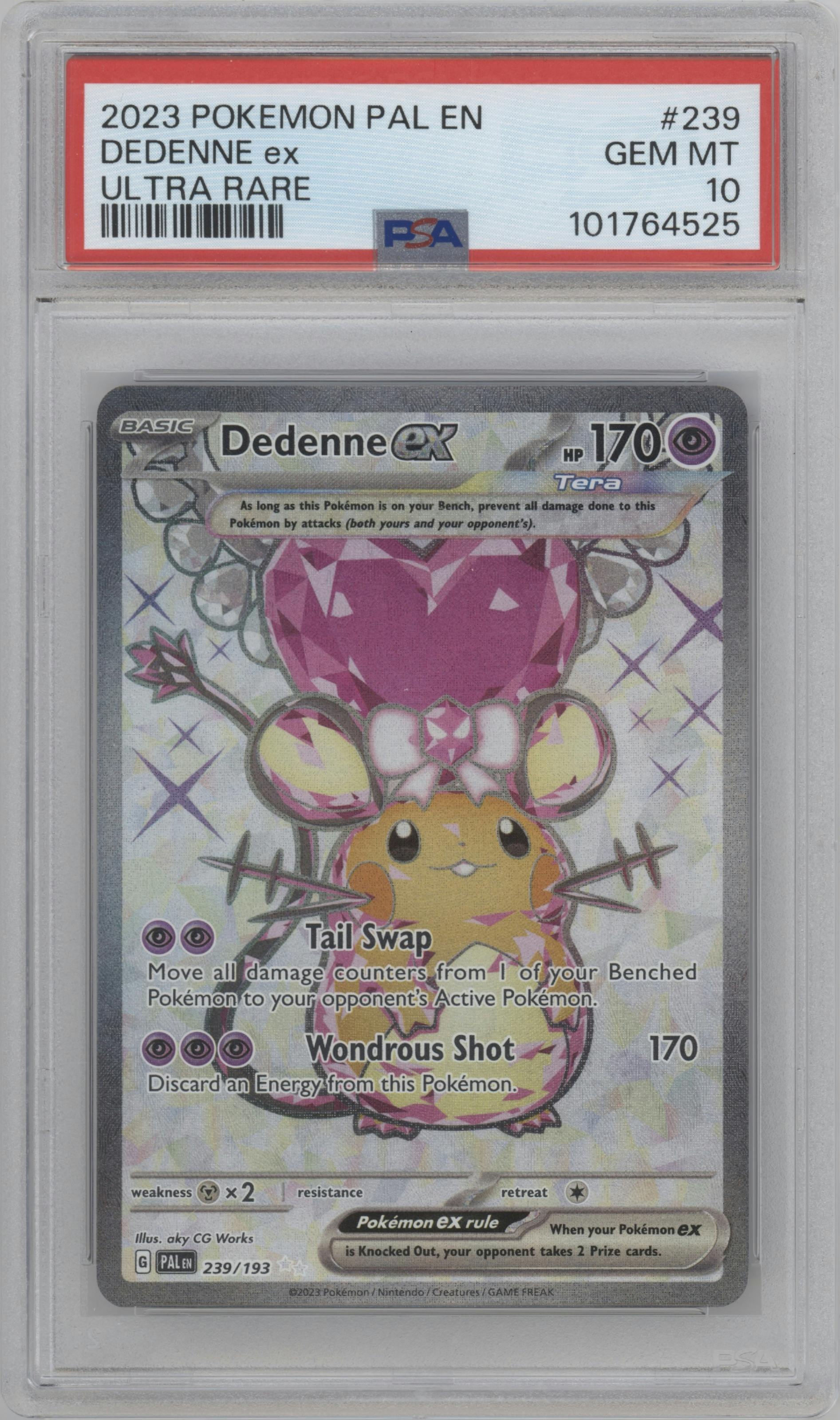 Dedenne ex from the 2023 Pokemon SV set graded by PSA and given an overall grade of 10.