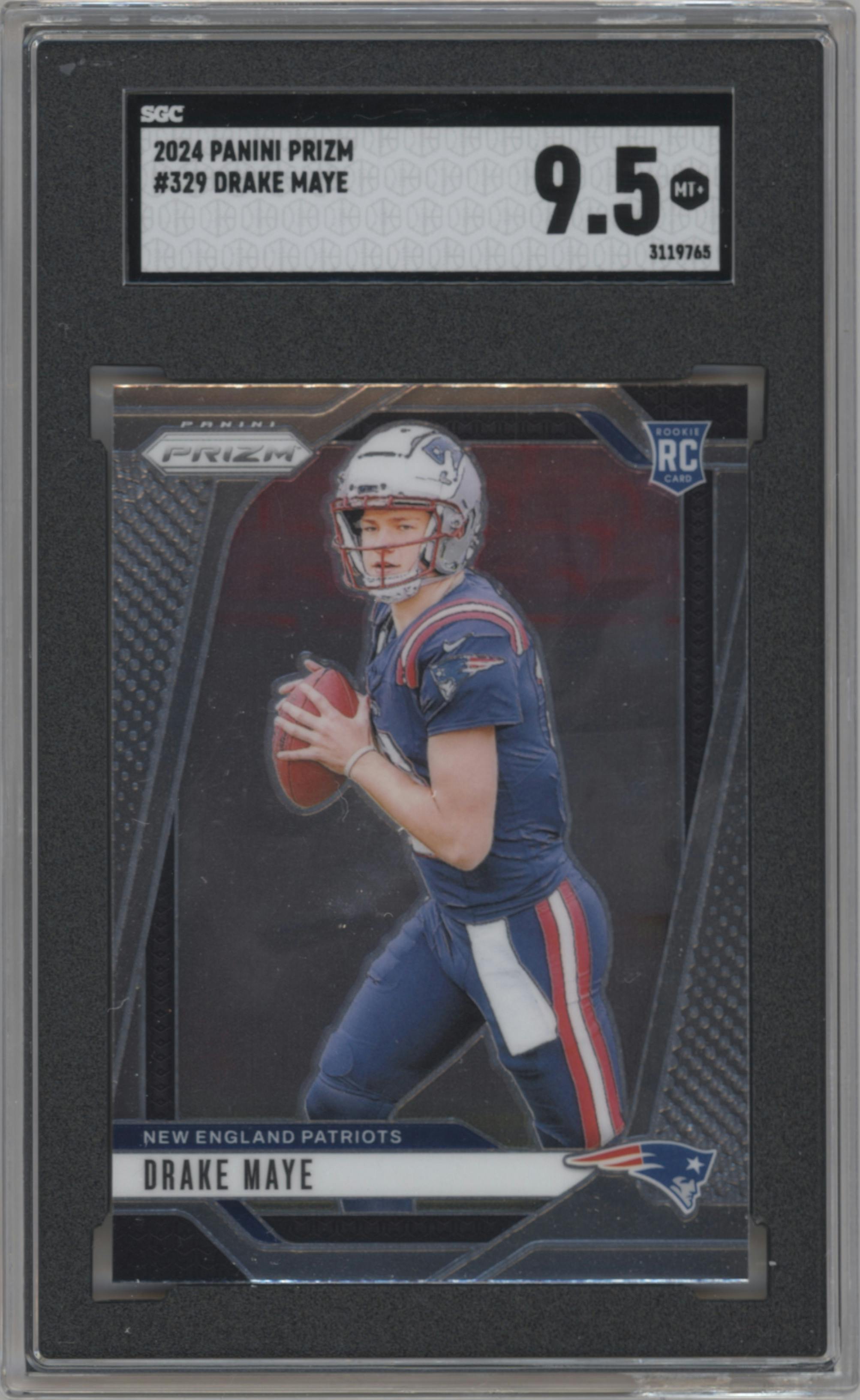 Drake Maye from the 2024 Panini Prizm set graded by SGC and given an overall grade of 9.5.