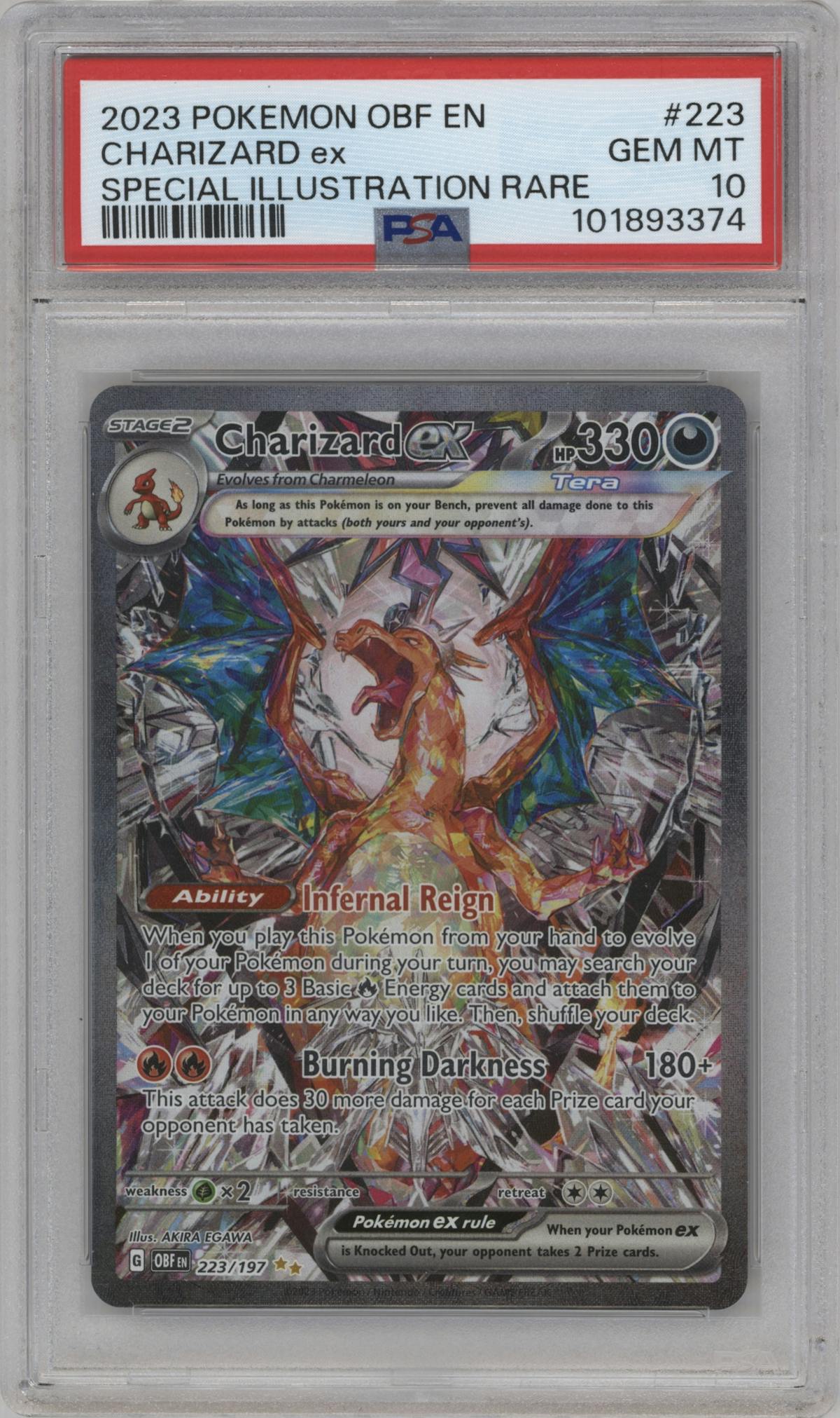 Charizard ex from the 2023 Pokemon SV set graded by PSA and given an overall grade of 10.