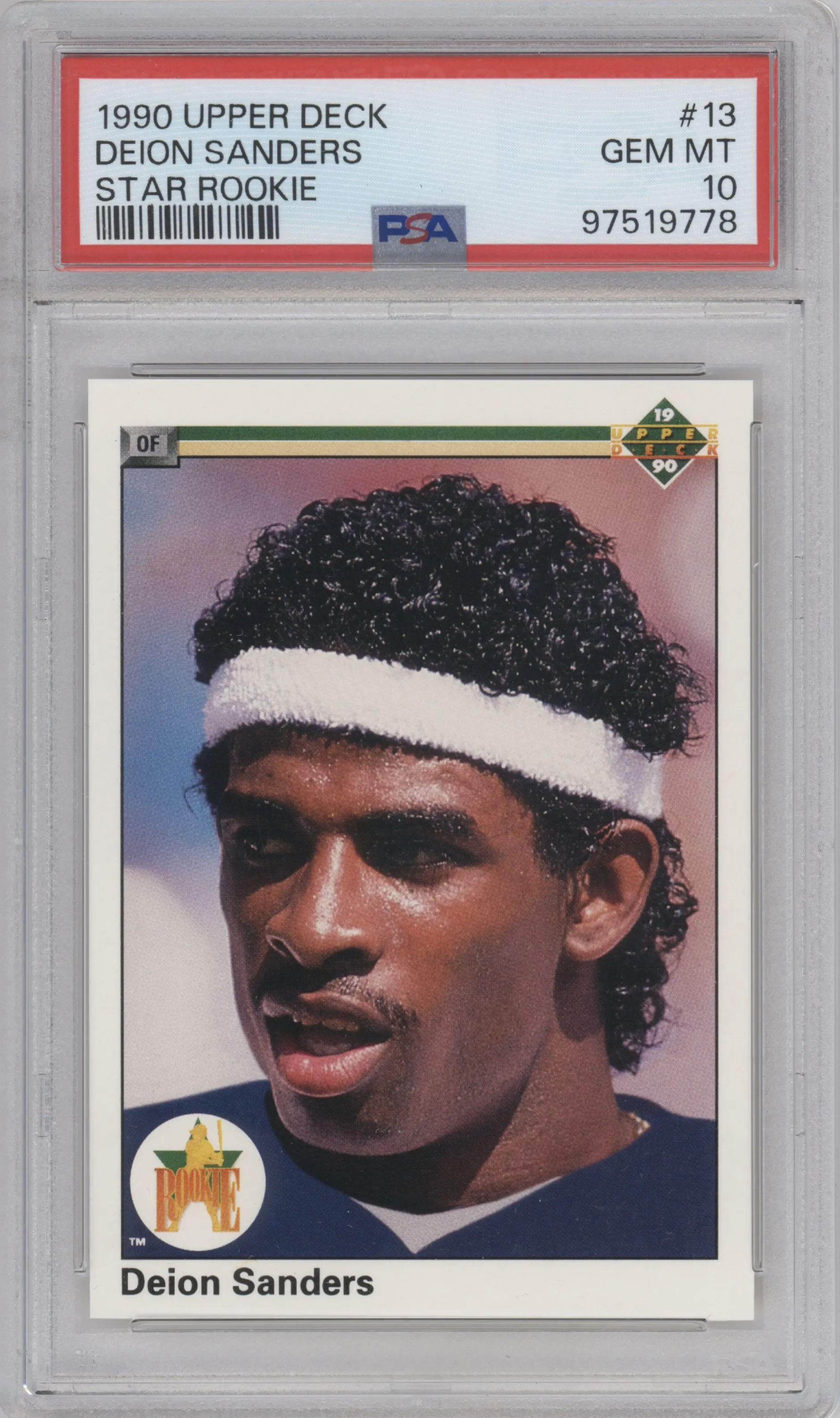 Deion Sanders from the 1990 Upper Deck set graded by PSA and given an overall grade of 10.