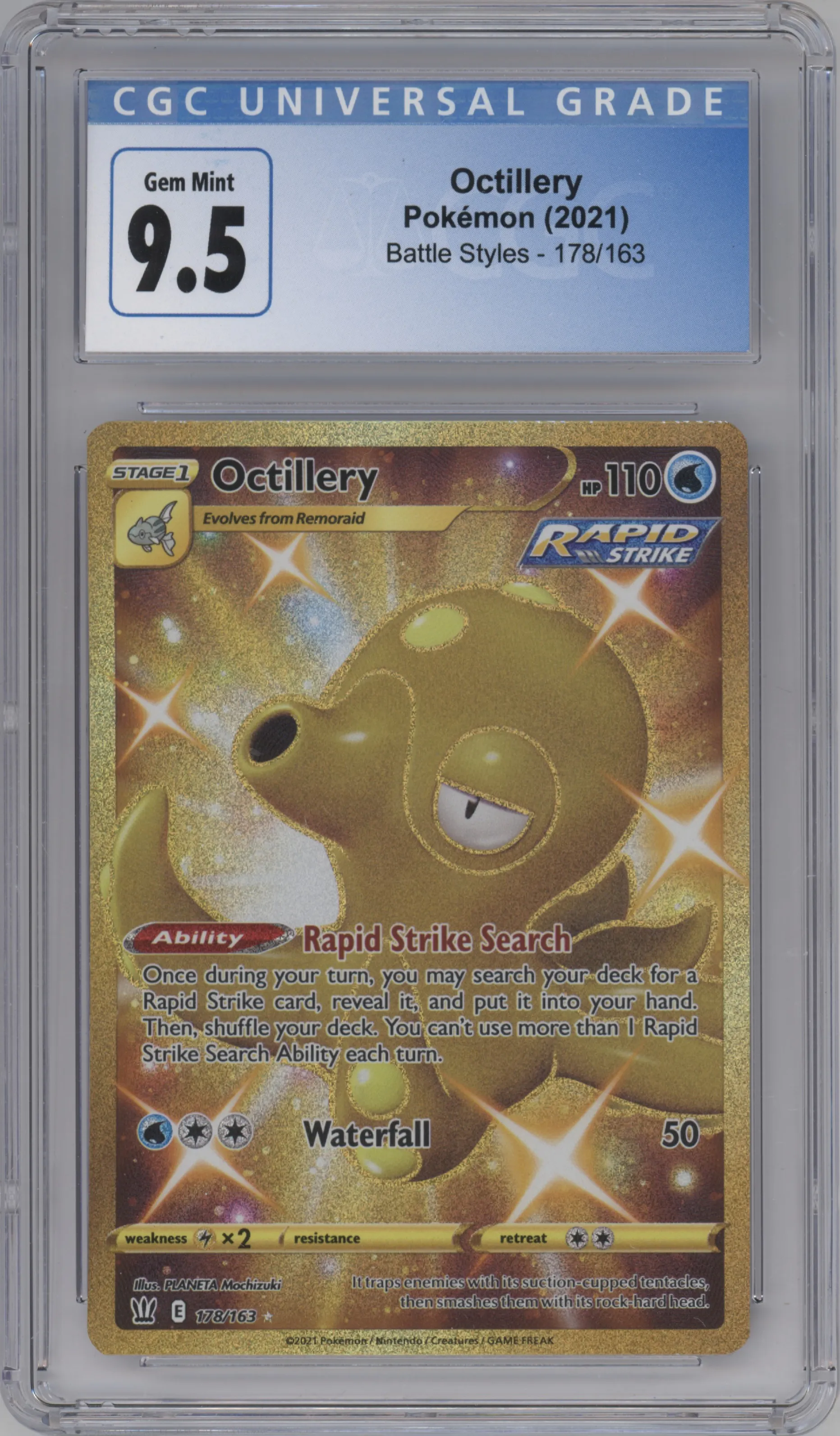 Octillery from the 2021 Pokemon SWSH set graded by CSG and given an overall grade of 9.5.