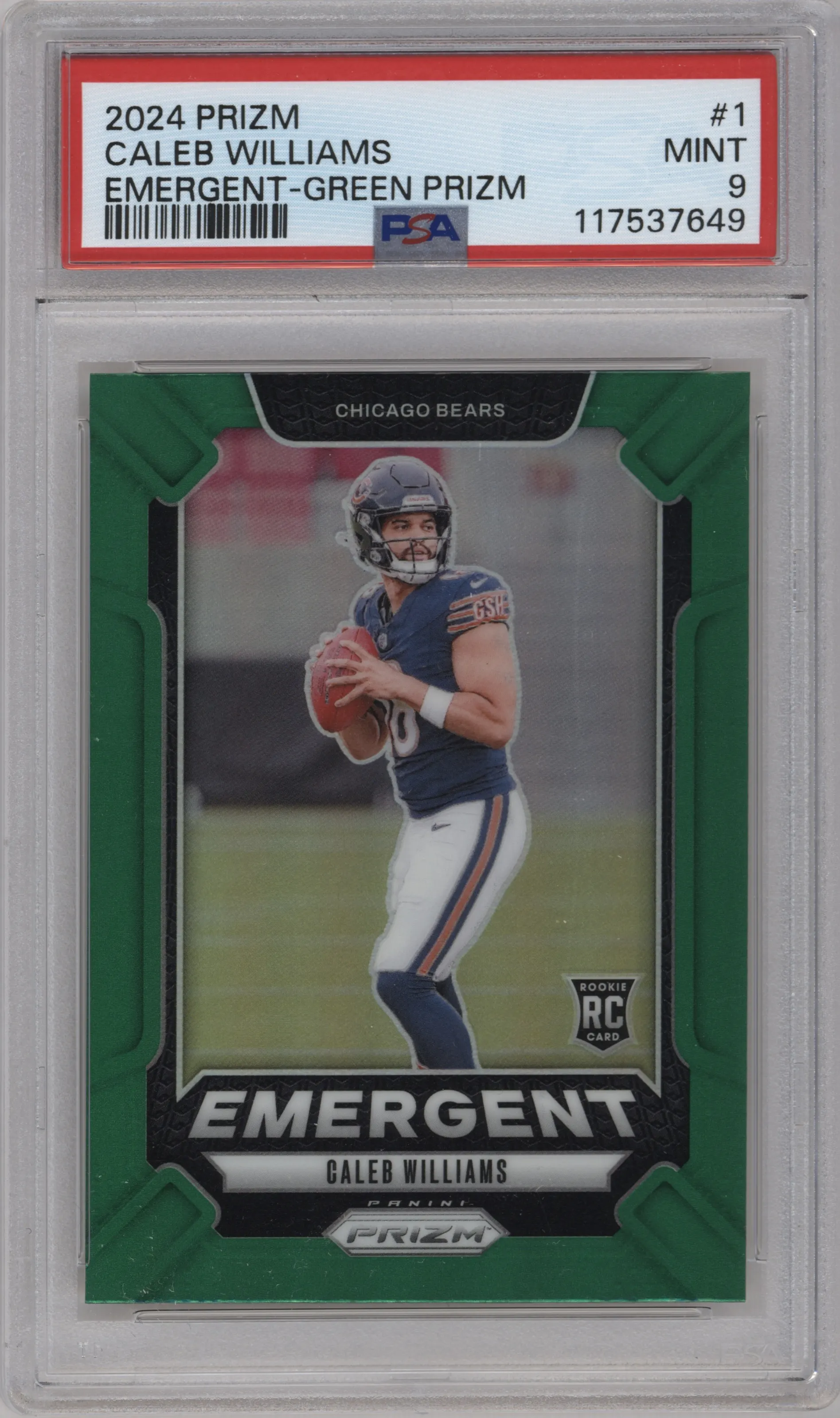 Caleb Williams from the 2024 Panini Prizm set featuring a Green Prizm parallel graded by PSA and given an overall grade of 9.