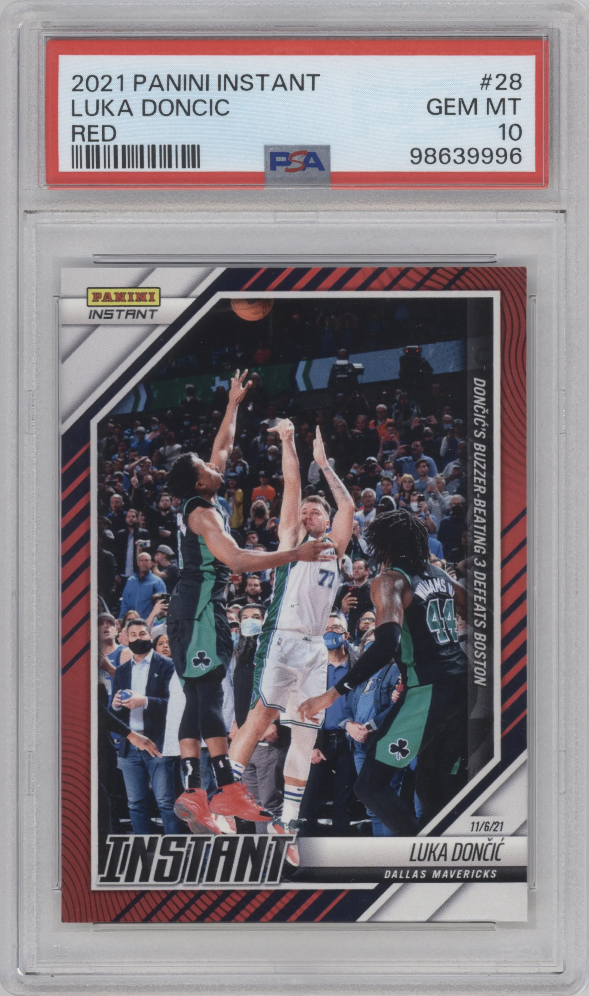 Luka Doncic from the 2021-22 Panini Instant NBA set featuring a Red parallel graded by PSA and given an overall grade of 10.