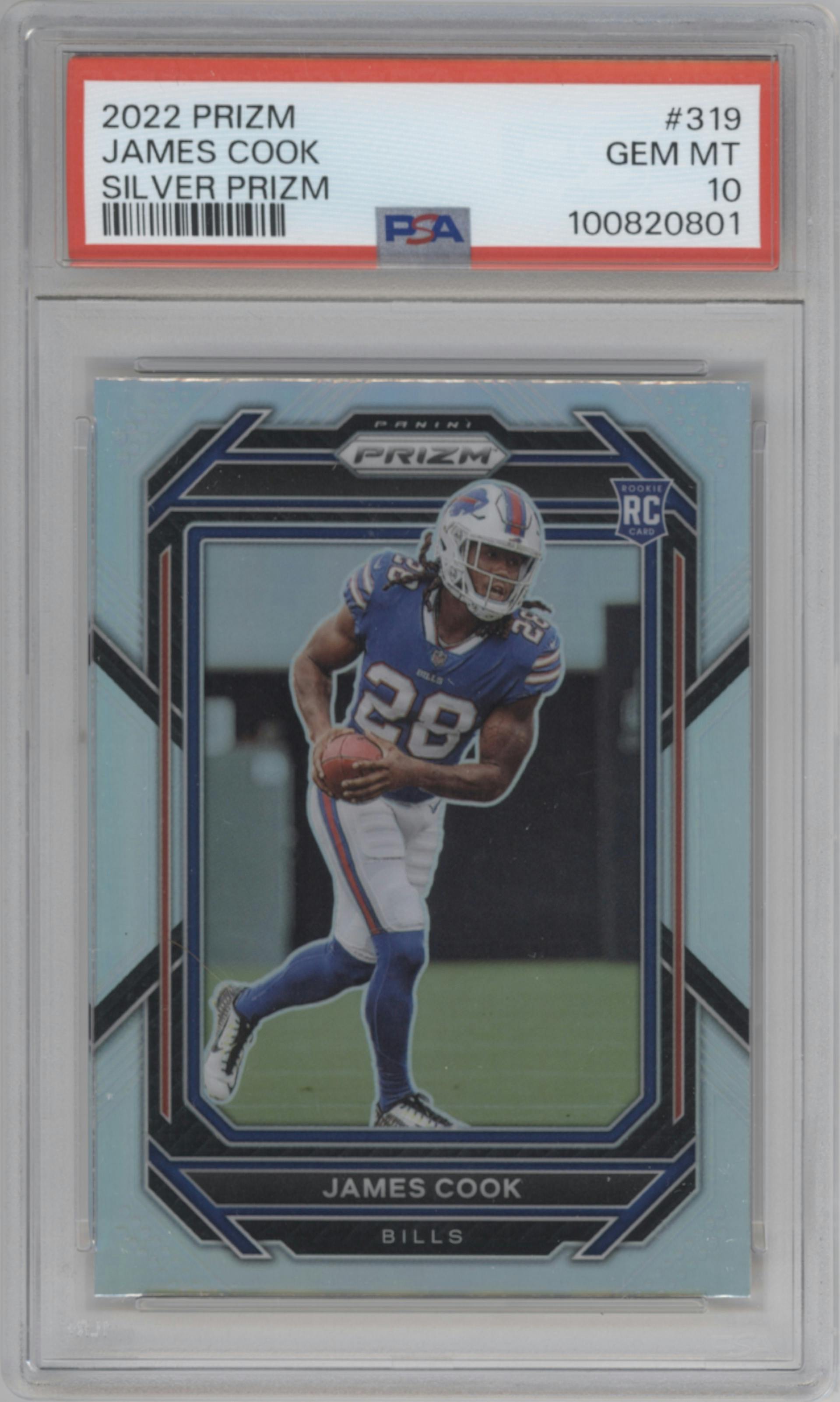 James Cook from the 2022 Panini Prizm set featuring a Silver Prizm parallel graded by PSA and given an overall grade of 10.