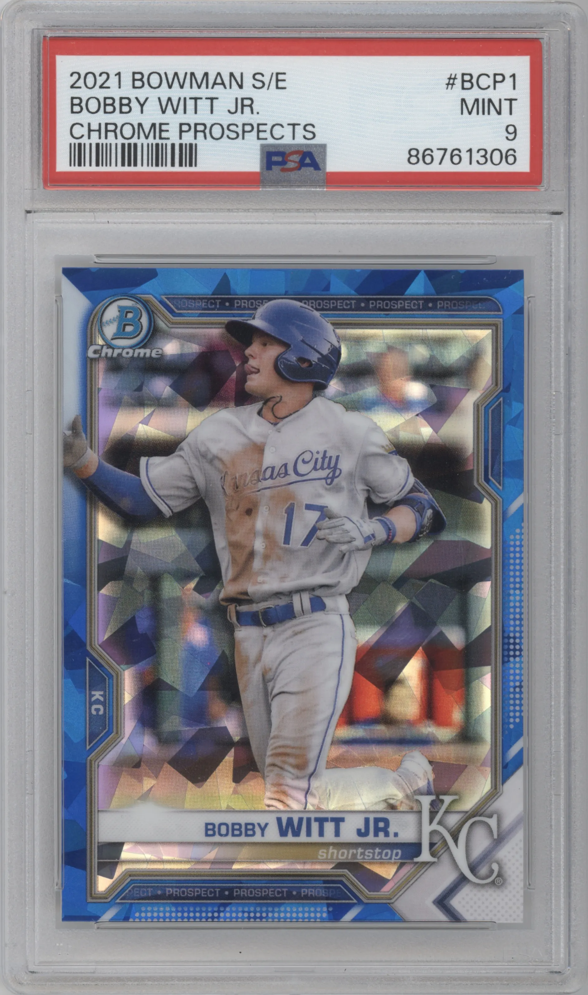 Bobby Witt Jr. from the 2021 Bowman Sapphire Edition set graded by PSA and given an overall grade of 9.