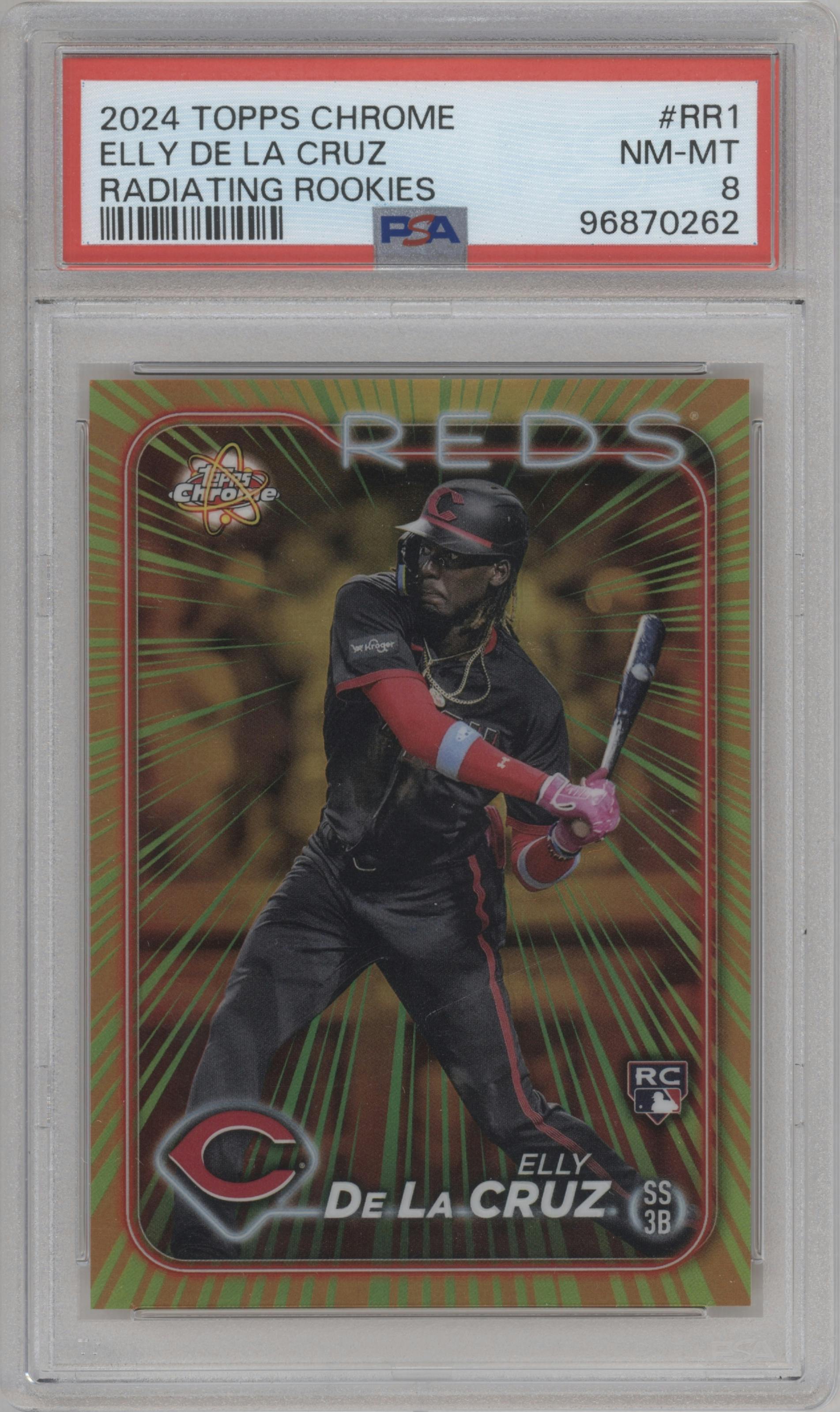  Elly De La Cruz from the 2024 Topps Chrome set graded by PSA and given an overall grade of 8.