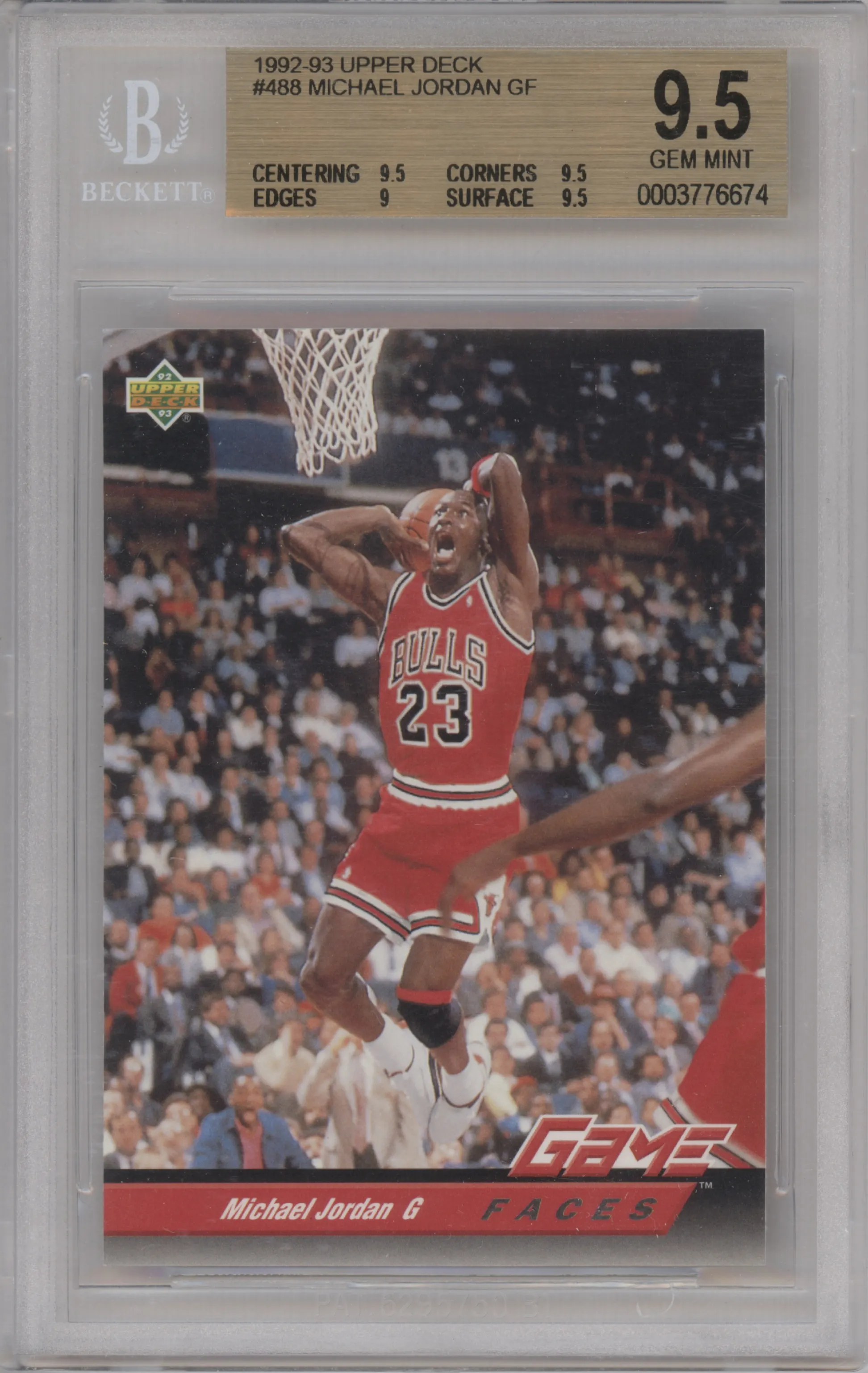 Michael Jordan from the 1992-93 Upper Deck  set graded by Beckett and given an overall grade of 9.5.