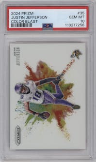 Justin Jefferson from the 2024 Panini Prizm set graded by PSA and given an overall grade of 10.