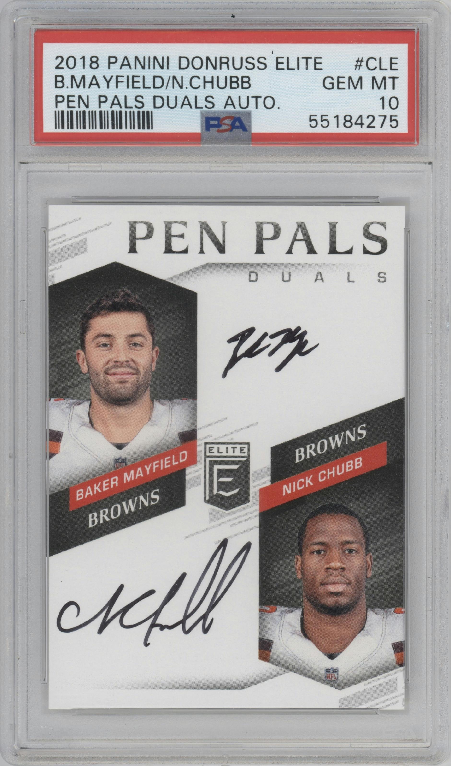 Baker Mayfield/Nick Chubb from the 2018 Panini Donruss Elite set graded by PSA and given an overall grade of 10.