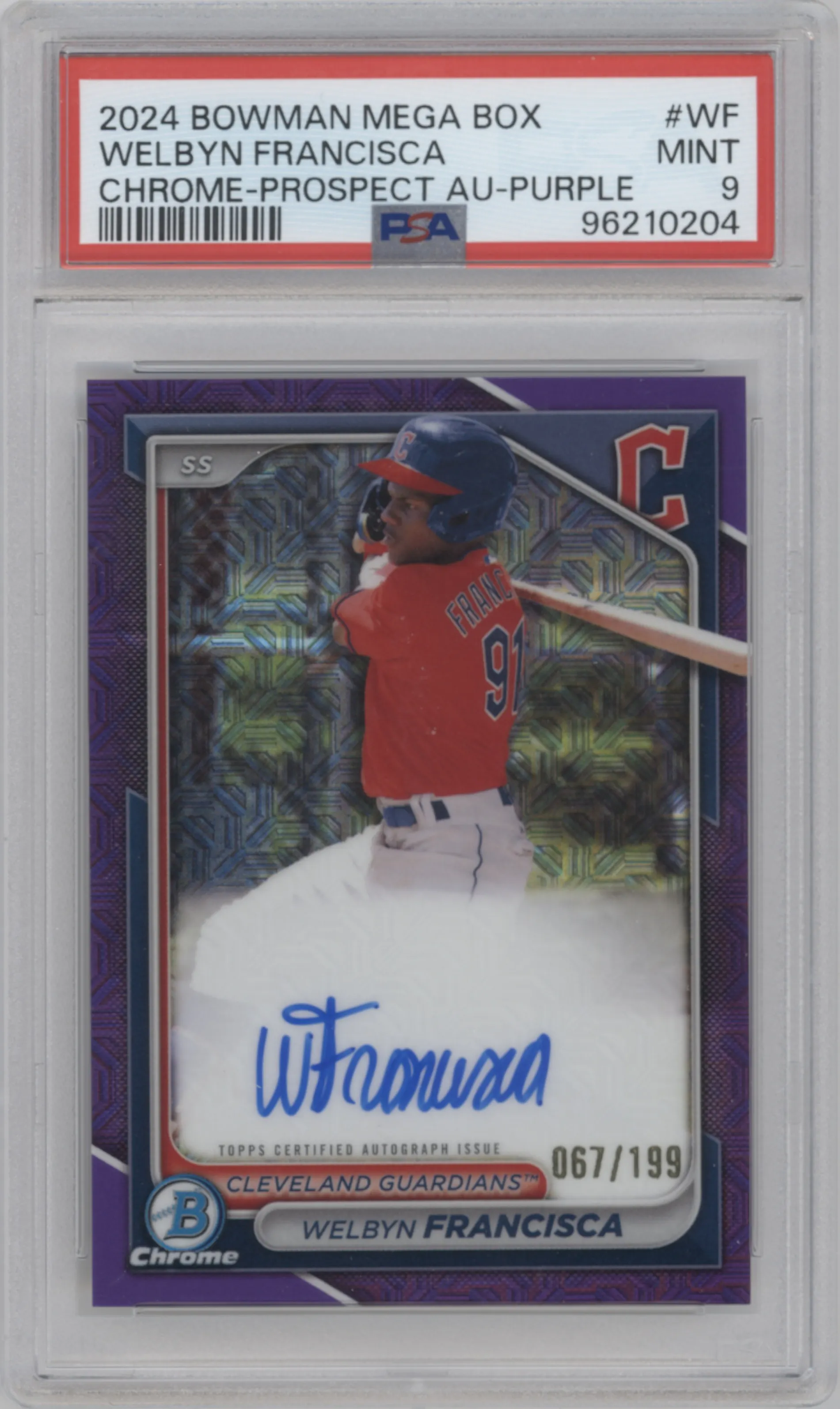 Welbyn Francisca from the 2024 Bowman Mega Box set featuring a Purple Mega Refractors parallel graded by PSA and given an overall grade of 9.