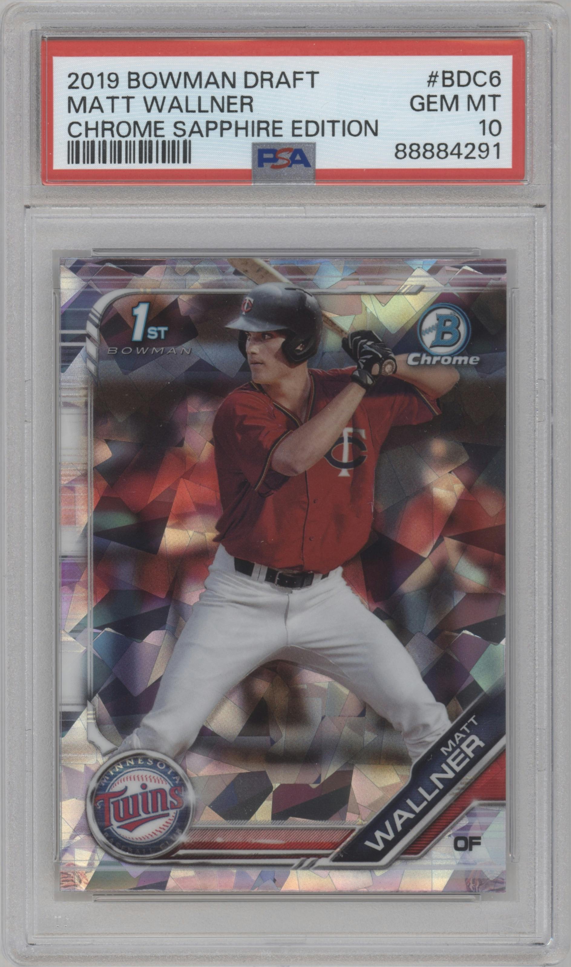 Matt Wallner from the 2019 Bowman Draft Sapphire Edition set graded by PSA and given an overall grade of 10.