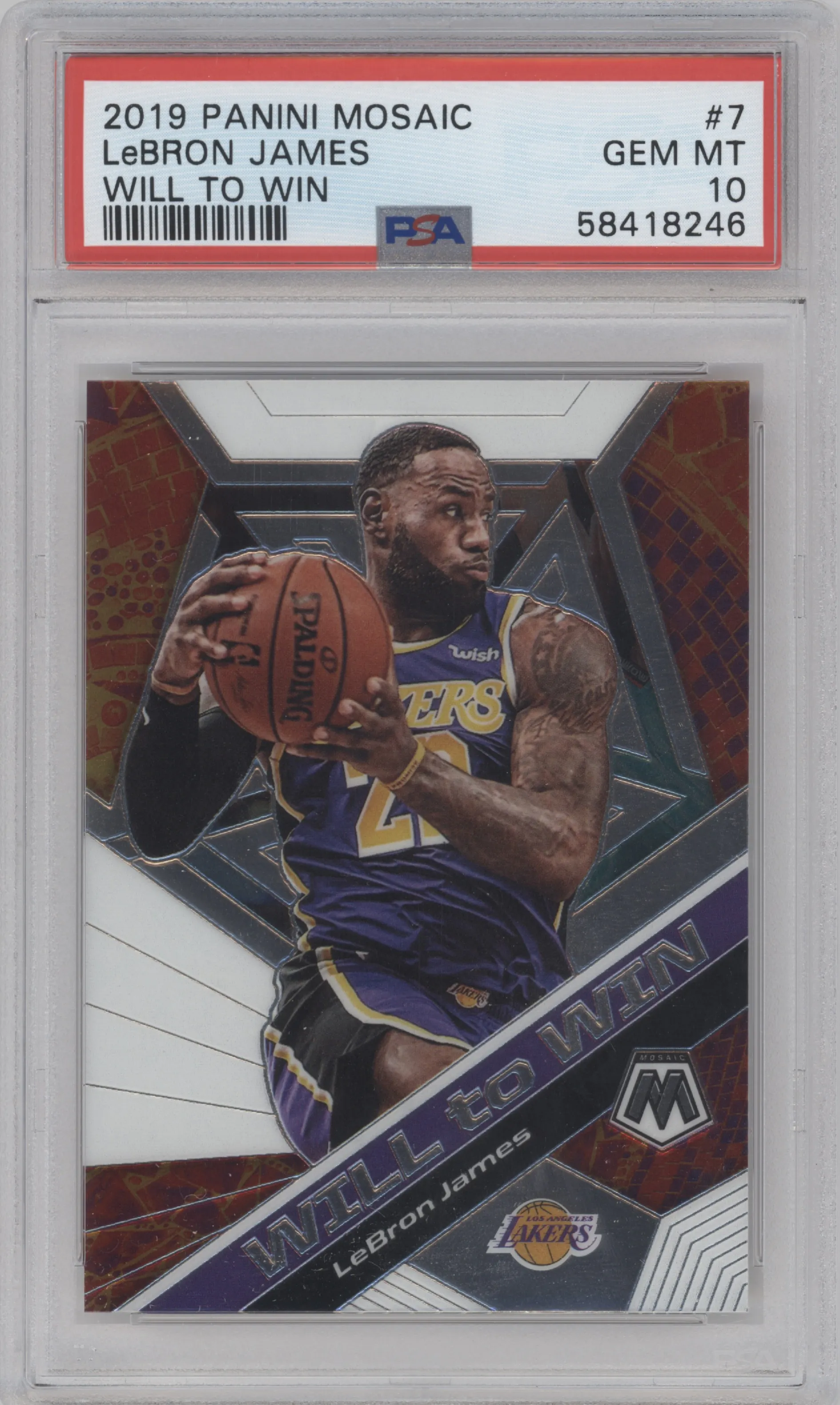 LeBron James from the 2019-20 Panini Mosaic  set graded by PSA and given an overall grade of 10.