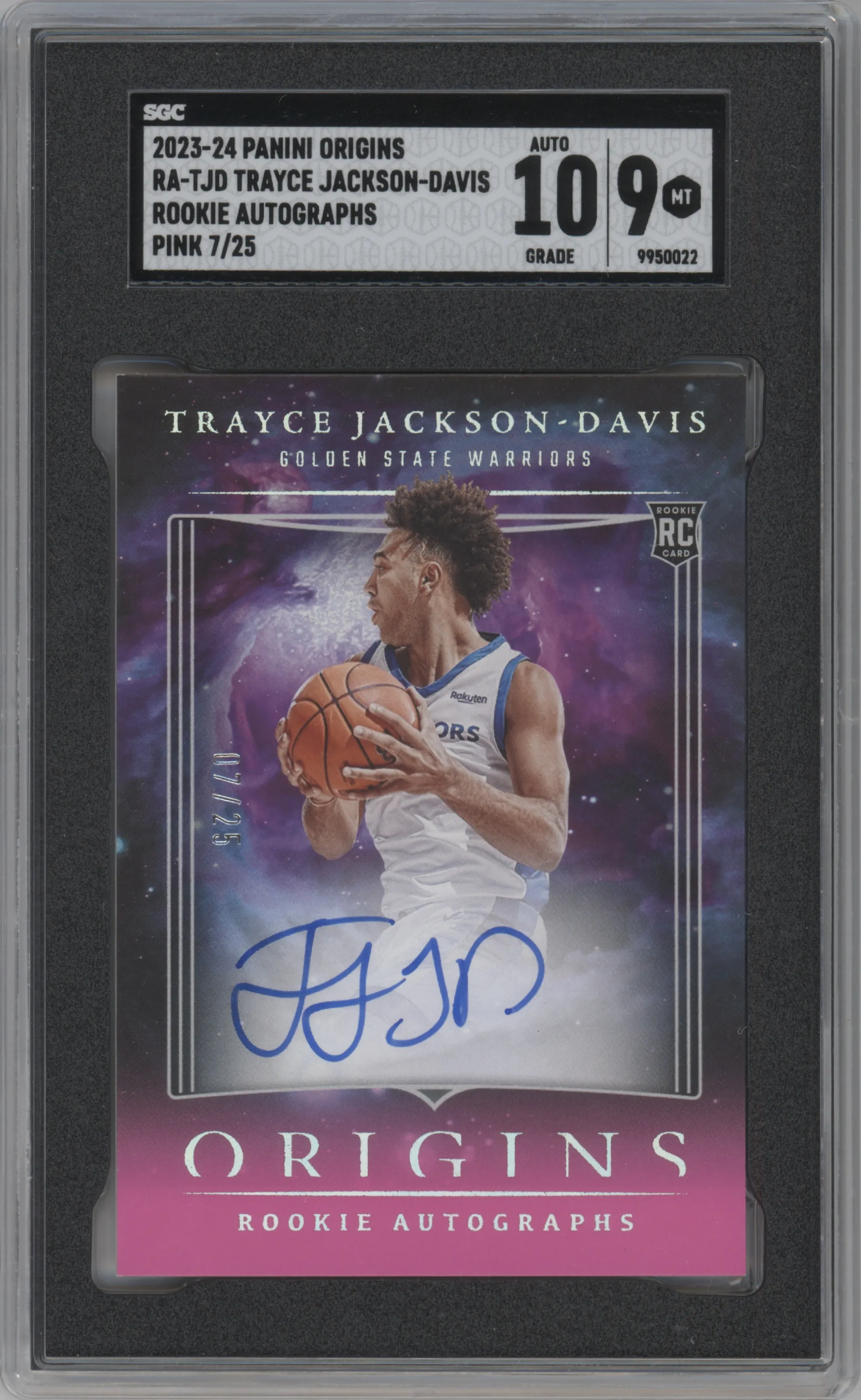 Trayce Jackson-Davis from the 2023-24 Panini Origins set featuring a Pink parallel graded by SGC and given an overall grade of 9.