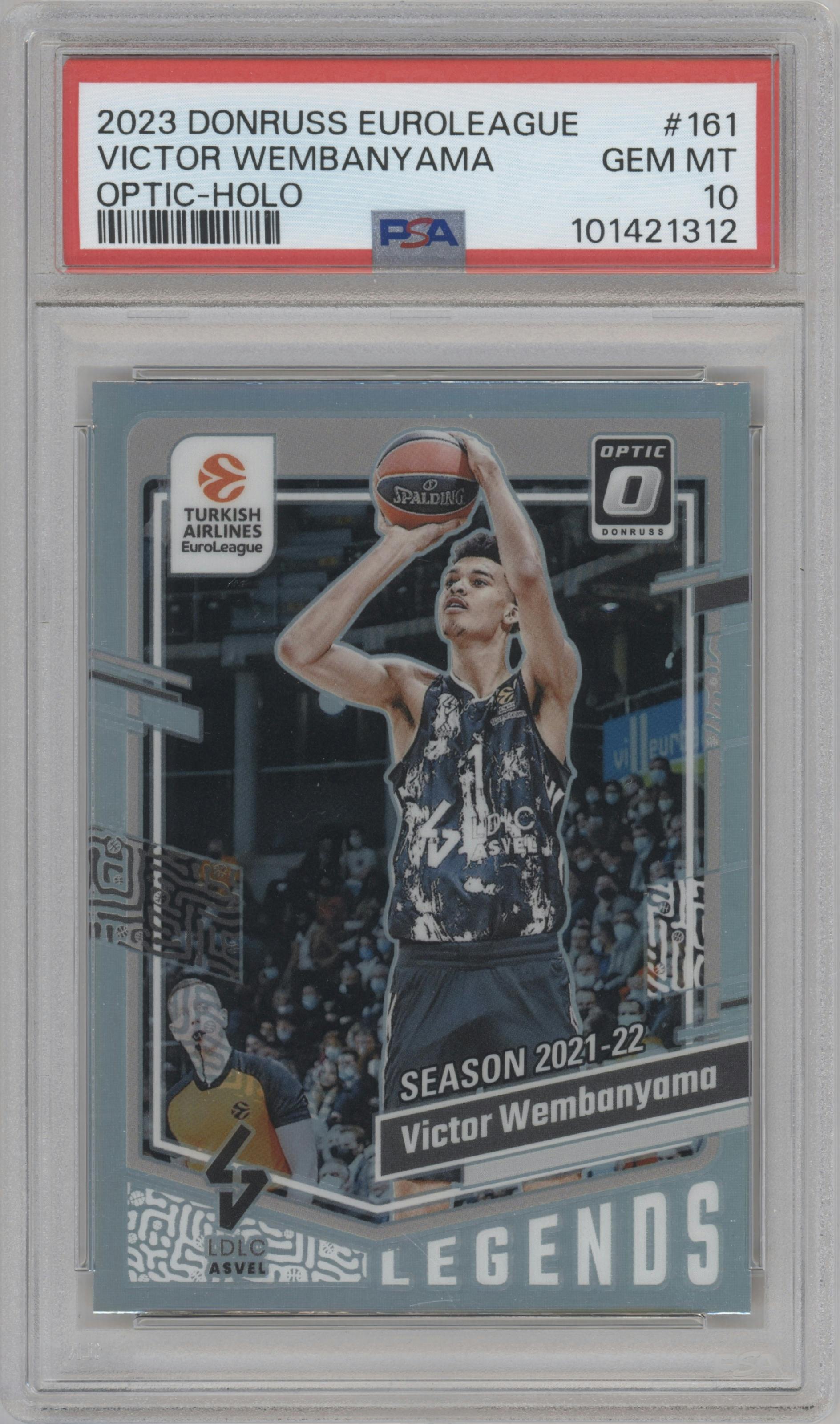 Victor Wembanyama from the 2023-24 Donruss Turkish Airlines EuroLeague set featuring a Holo parallel graded by PSA and given an overall grade of 10.