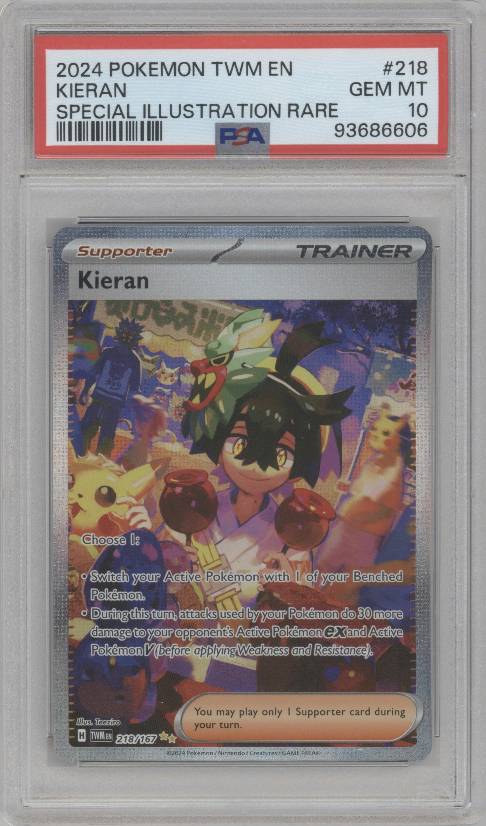 Kieran from the 2024 Pokemon SV set graded by PSA and given an overall grade of 10.