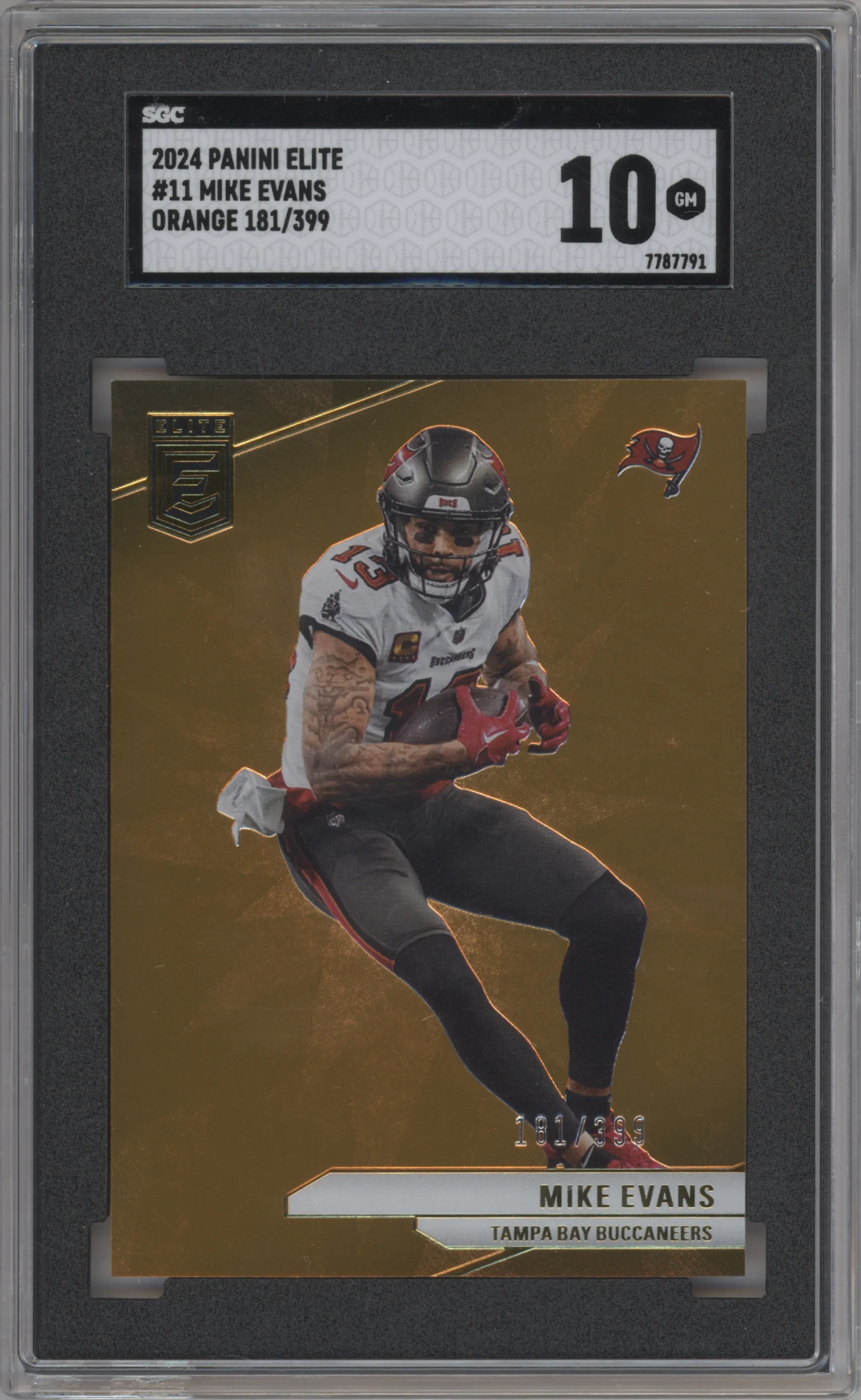 Mike Evans from the 2024 Panini Donruss Elite set featuring a Orange parallel graded by SGC and given an overall grade of 10.