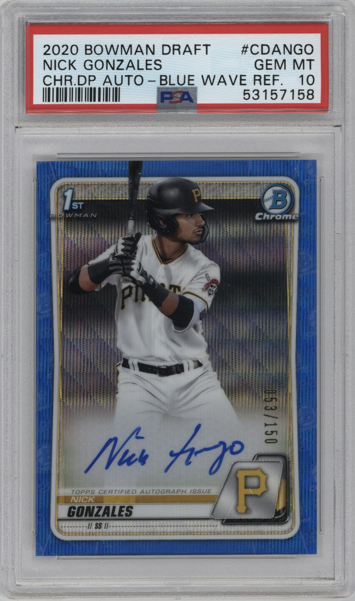 Nick Gonzales from the 2020 Bowman Draft set featuring a Blue Wave Refractor  parallel graded by PSA and given an overall grade of 10.