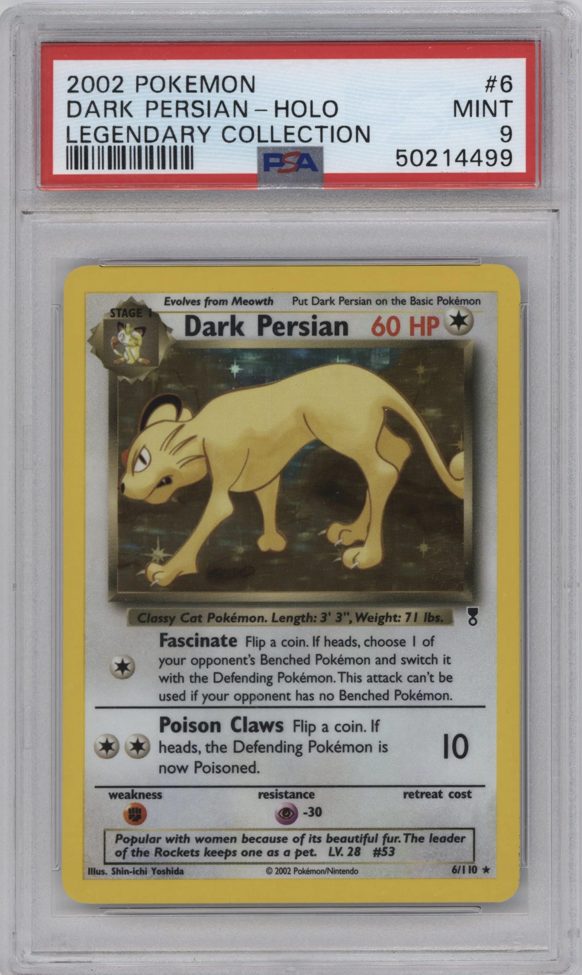 Dark Persian from the 2002 Pokemon  set graded by PSA and given an overall grade of 9.