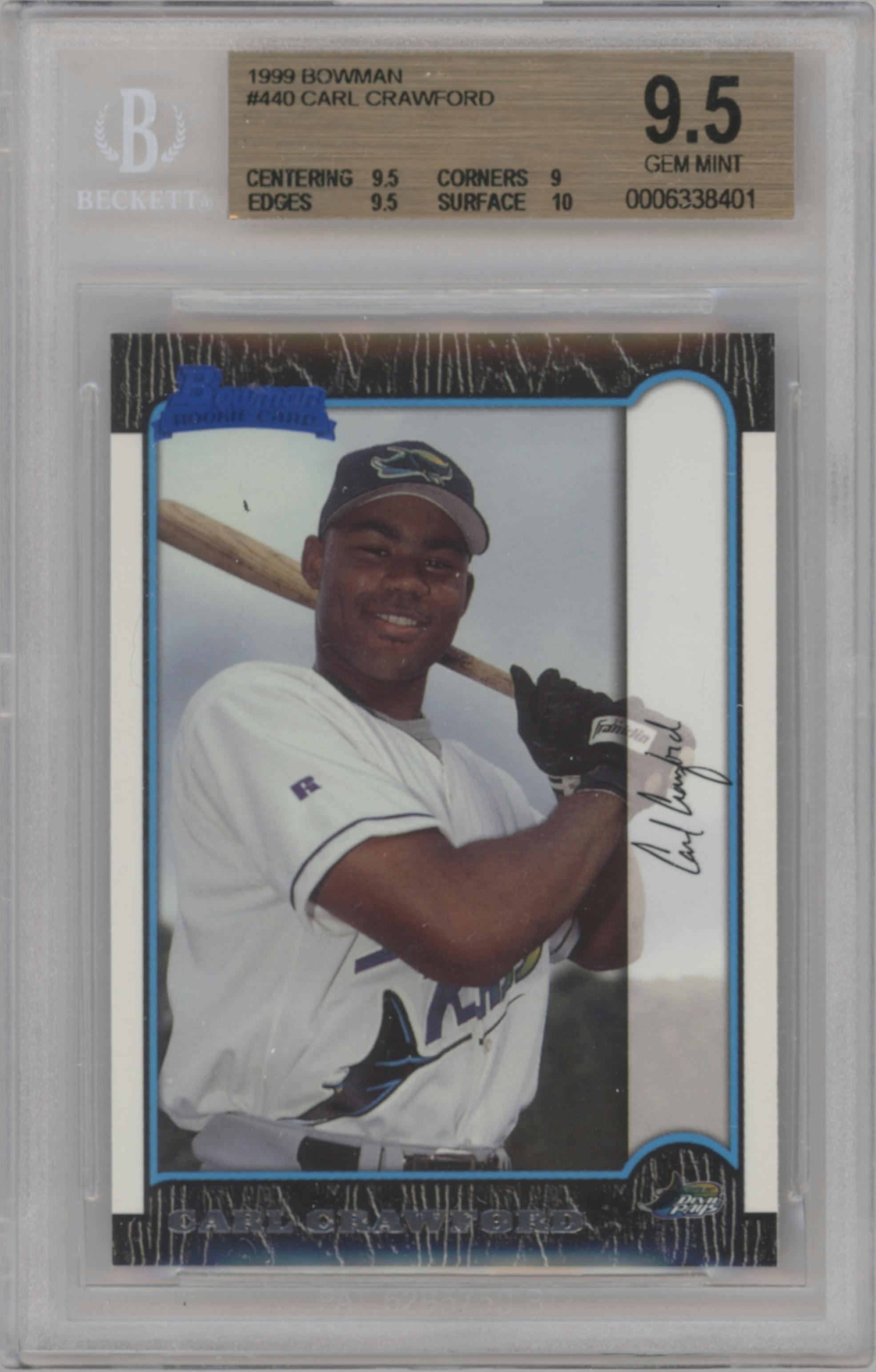 Carl Crawford from the 1999 Bowman set graded by Beckett and given an overall grade of 9.5.