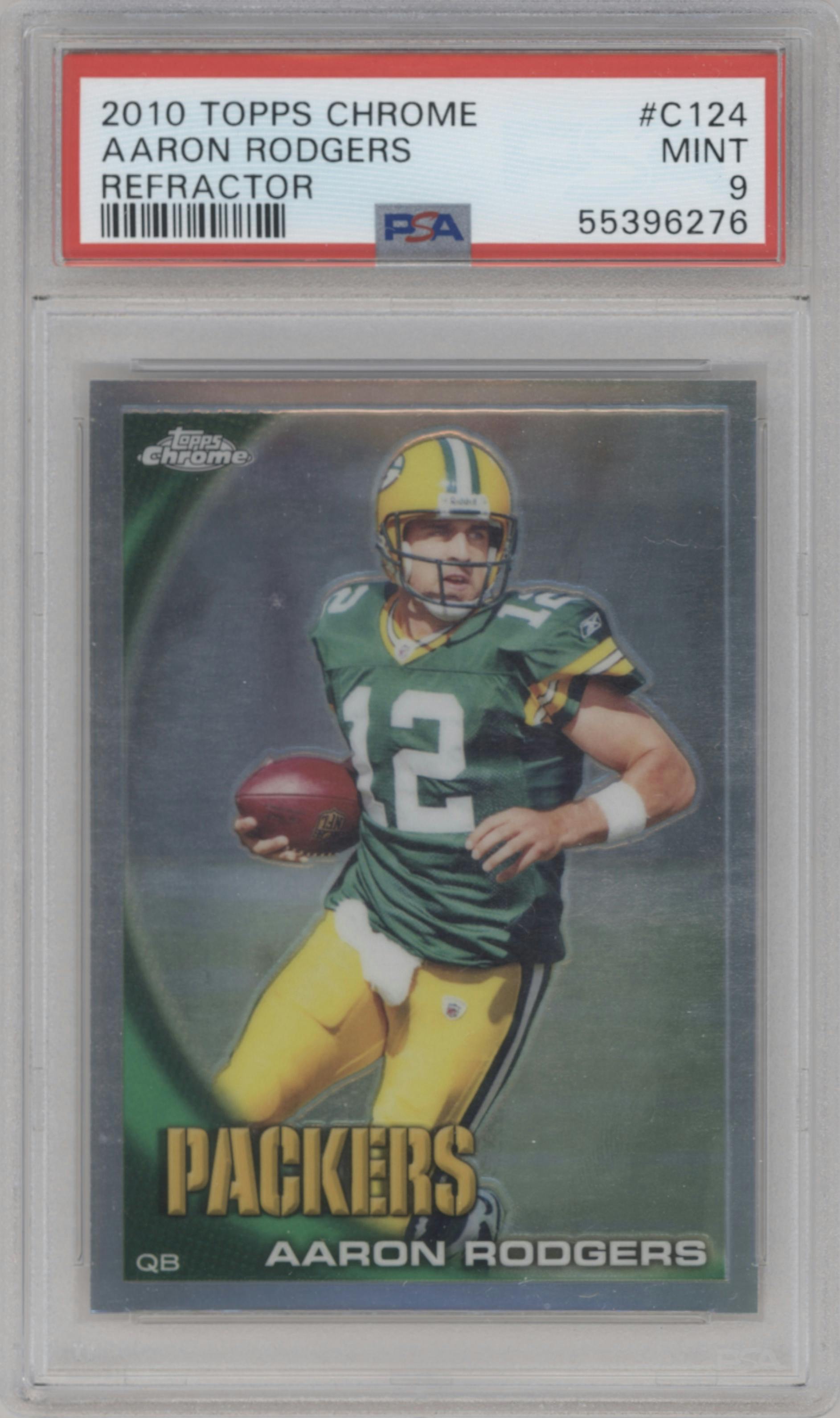 Aaron Rodgers from the 2010 Topps Chrome set featuring a Refractor parallel graded by PSA and given an overall grade of 9.