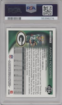 Aaron Rodgers from the 2010 Topps Chrome set featuring a Refractor parallel graded by PSA and given an overall grade of 9.