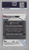Shohei Ohtani from the 2023 Topps Finest set featuring a Lava Refractor parallel graded by PSA and given an overall grade of 9.