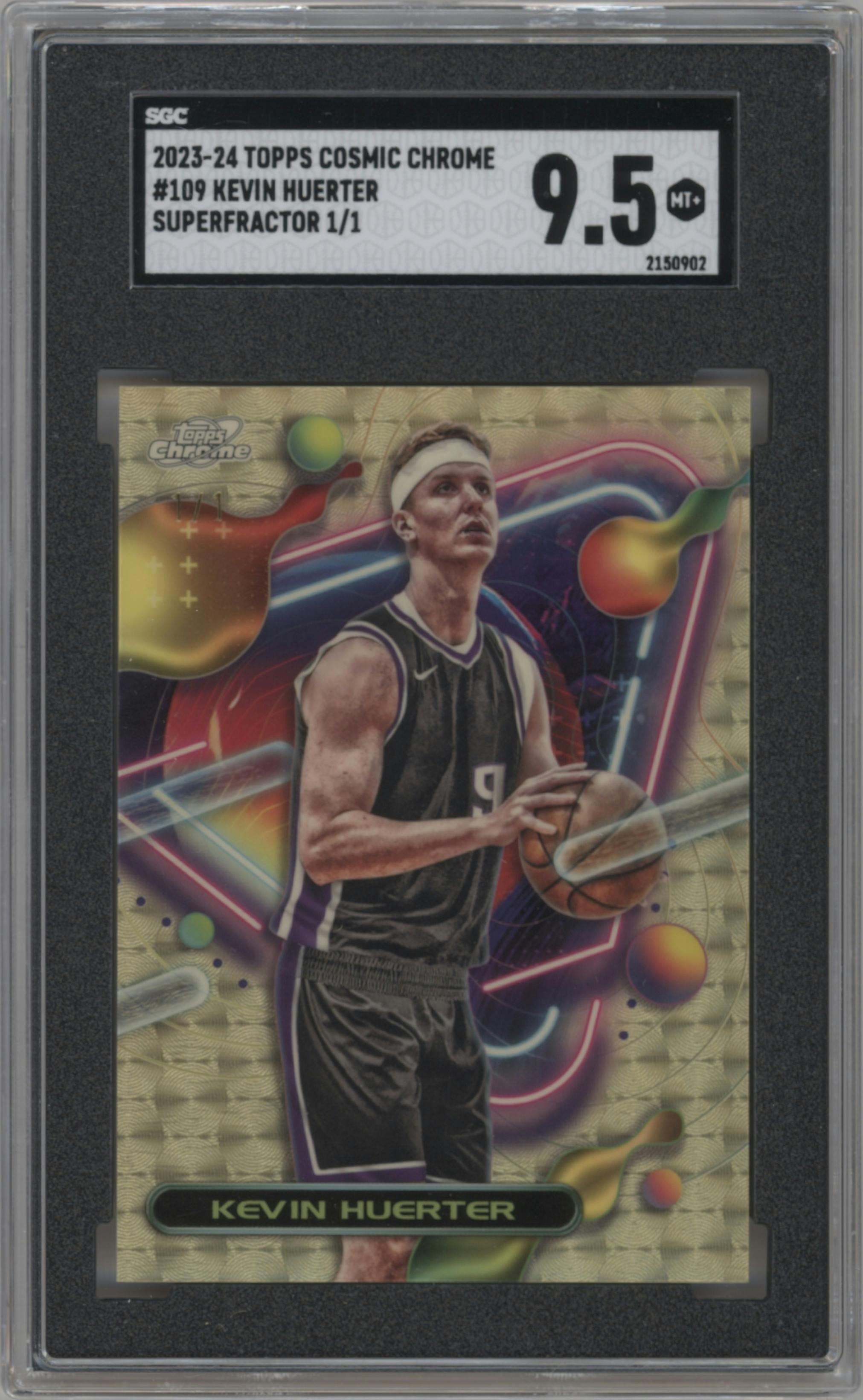 Kevin Huerter from the 2023-24 Topps Chrome Cosmic set featuring a Superfractor parallel graded by SGC and given an overall grade of 9.5.
