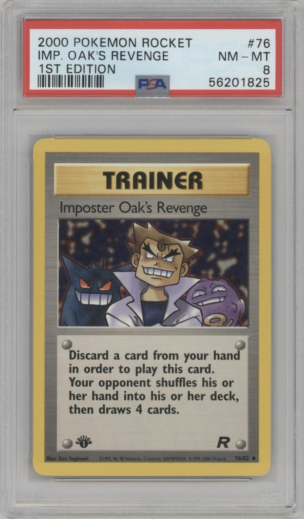 Imposter Oak's Revenge from the 2000 Pokemon set graded by PSA and given an overall grade of 8.