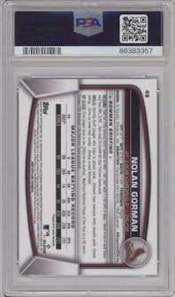 Nolan Gorman from the 2023 Bowman Chrome Sapphire Edition set featuring a Aqua parallel graded by PSA and given an overall grade of 10.